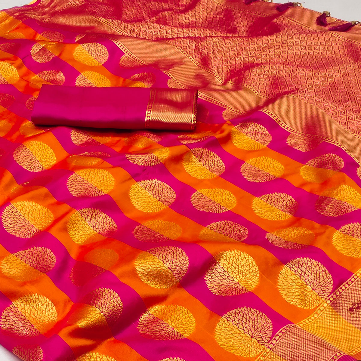 Rani Pink And Orange Woven Jacquard Saree With Tassels