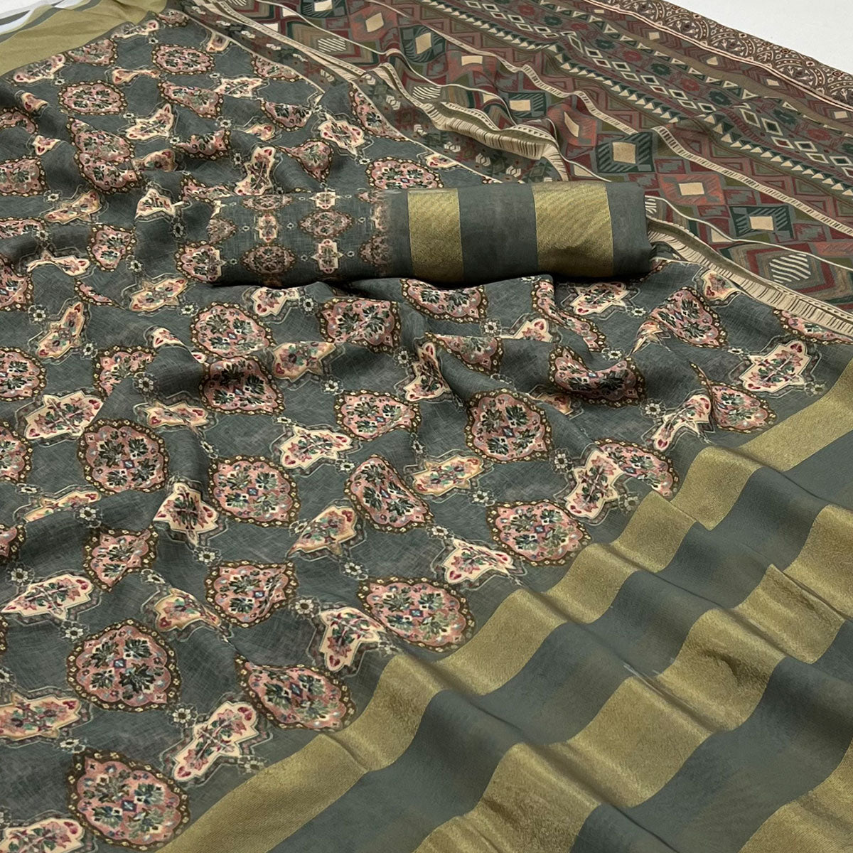 Grey Digital Floral Printed Viscose Saree