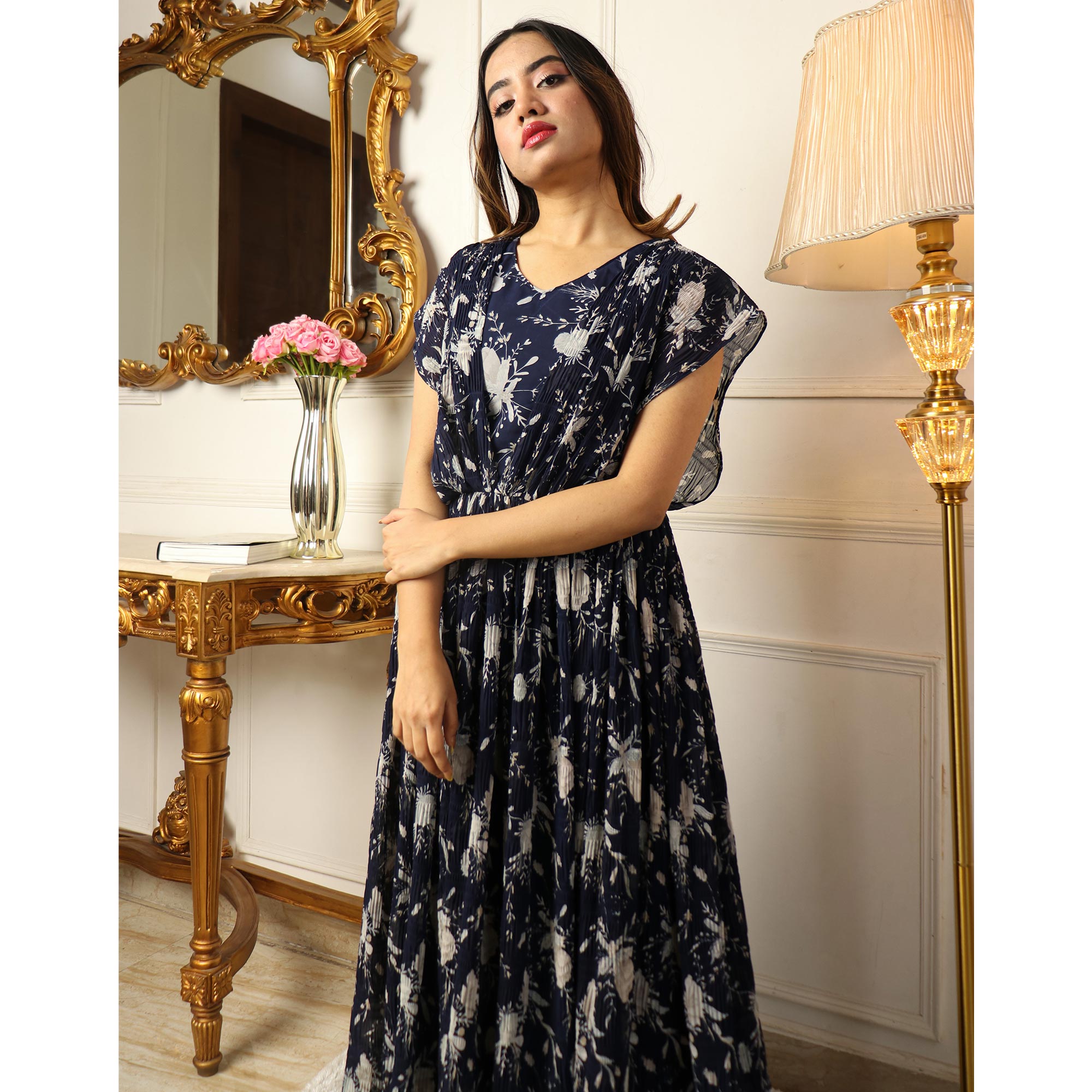 Blue Floral Printed Georgette Gown