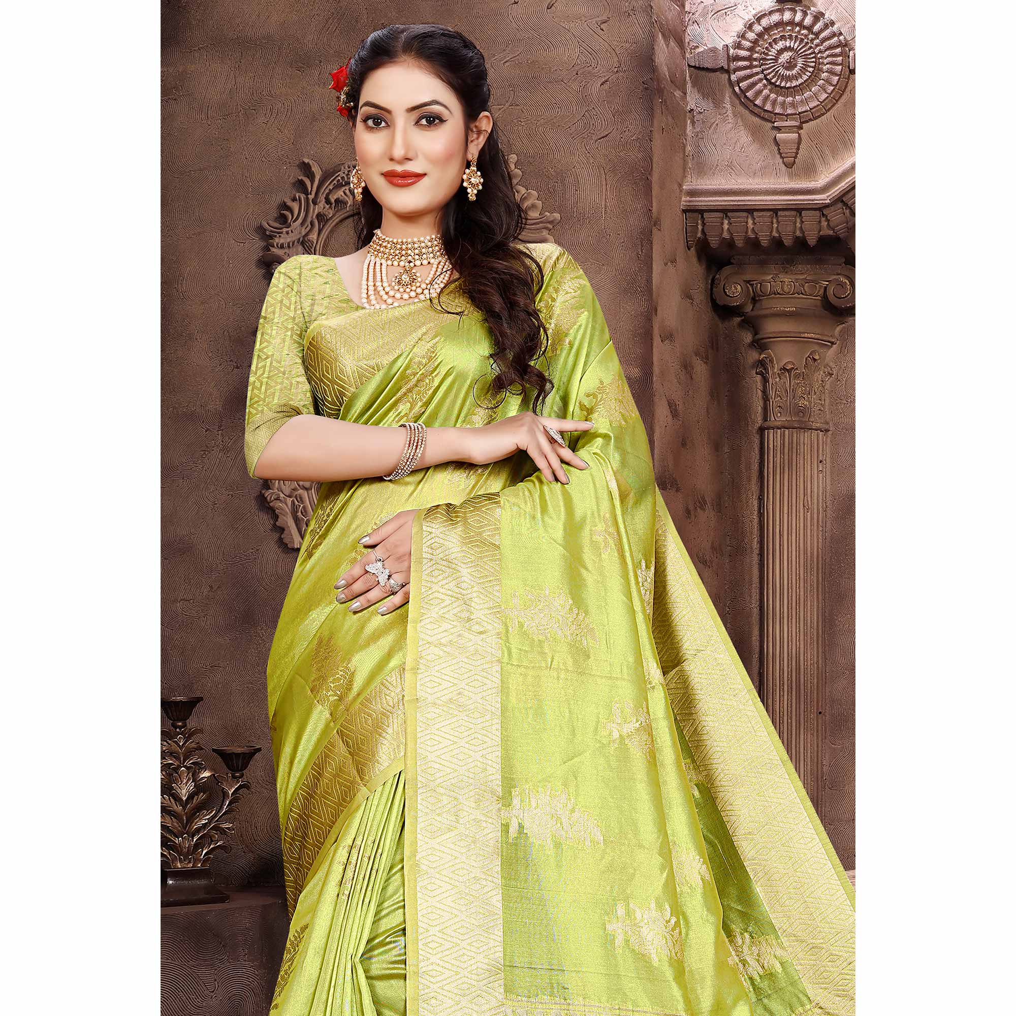 Green Floral Woven Organza Saree