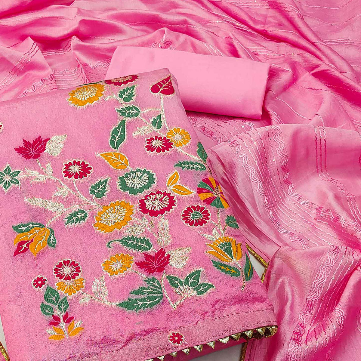 Pink Floral Woven Banarasi Silk Dress Material