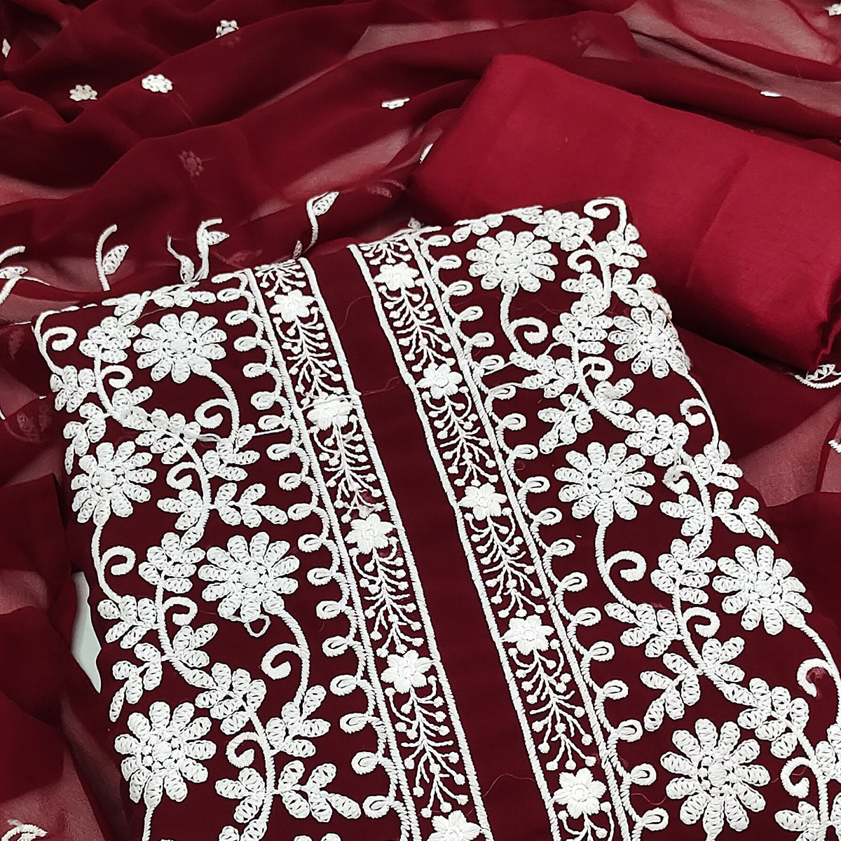 Maroon Floral Embroidered Georgette Dress Material