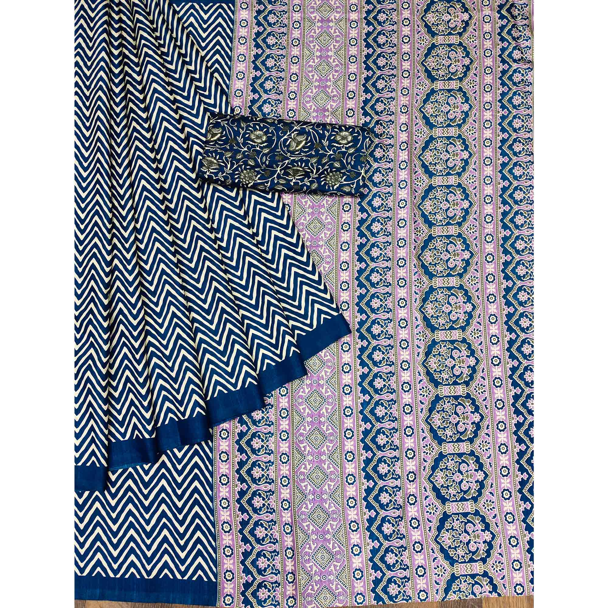 Blue Striped Printed Art Silk Saree