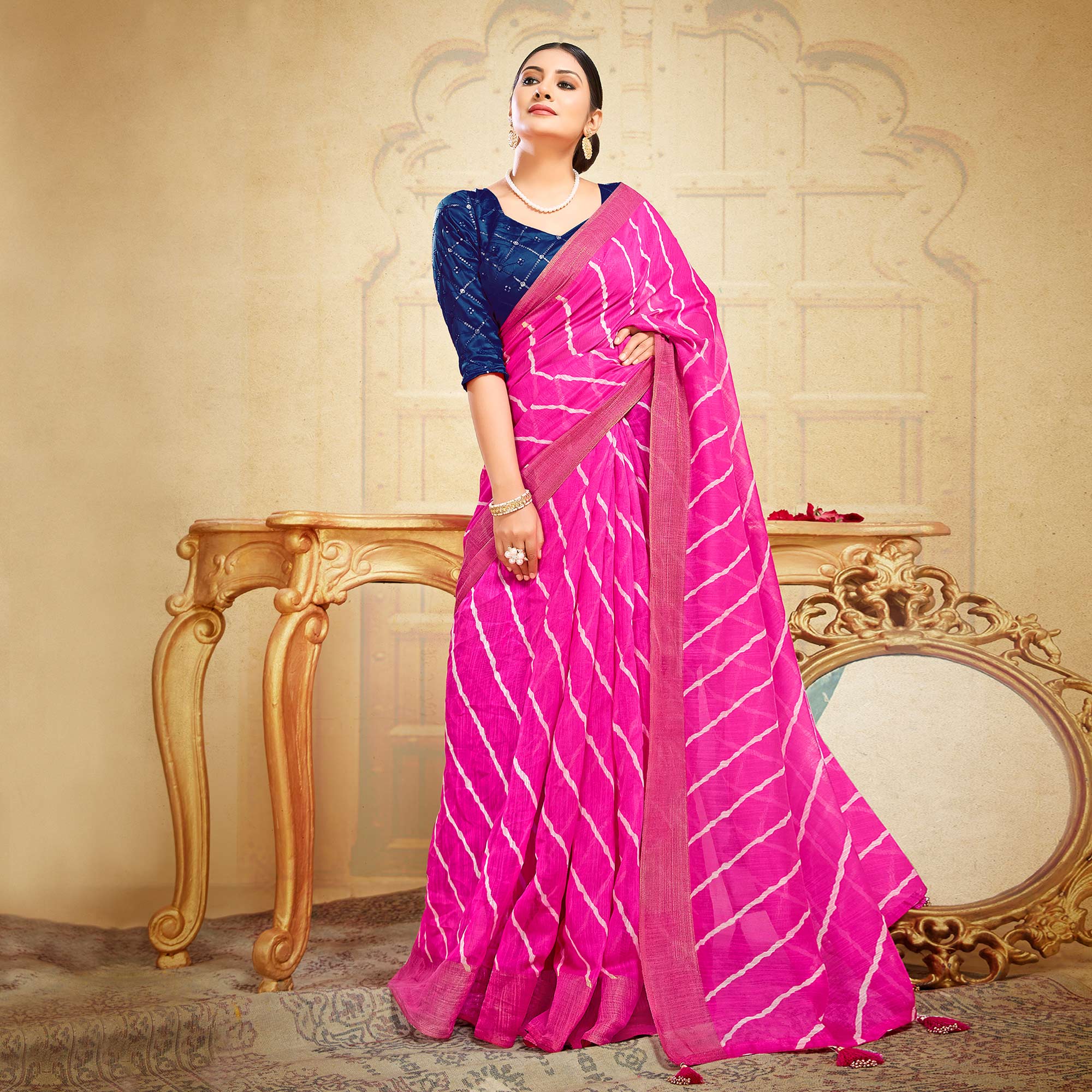 Magenta Pink Leheriya Printed Linen Saree