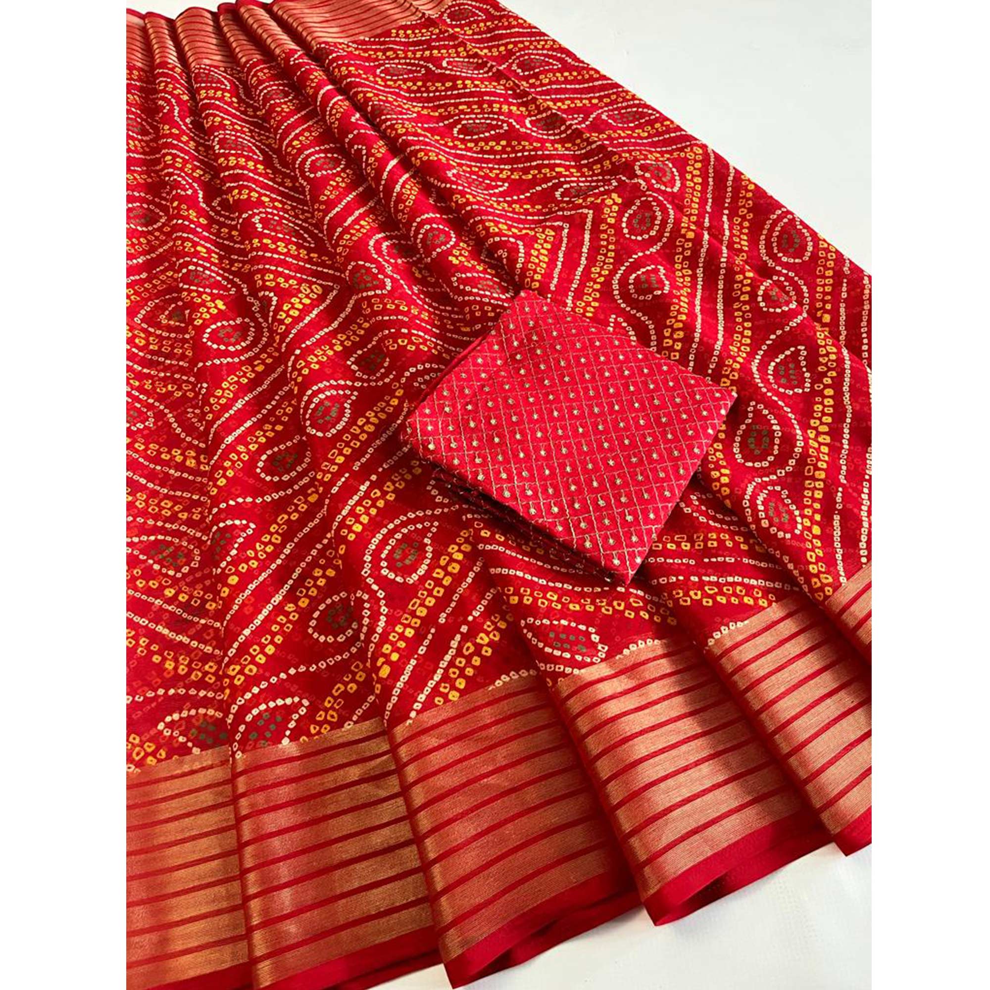 Red Bandhani Printed Chiffon Saree