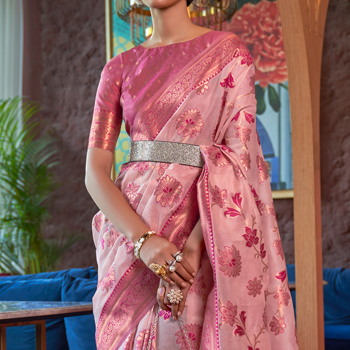 Pink Woven Organza Saree With Tassels