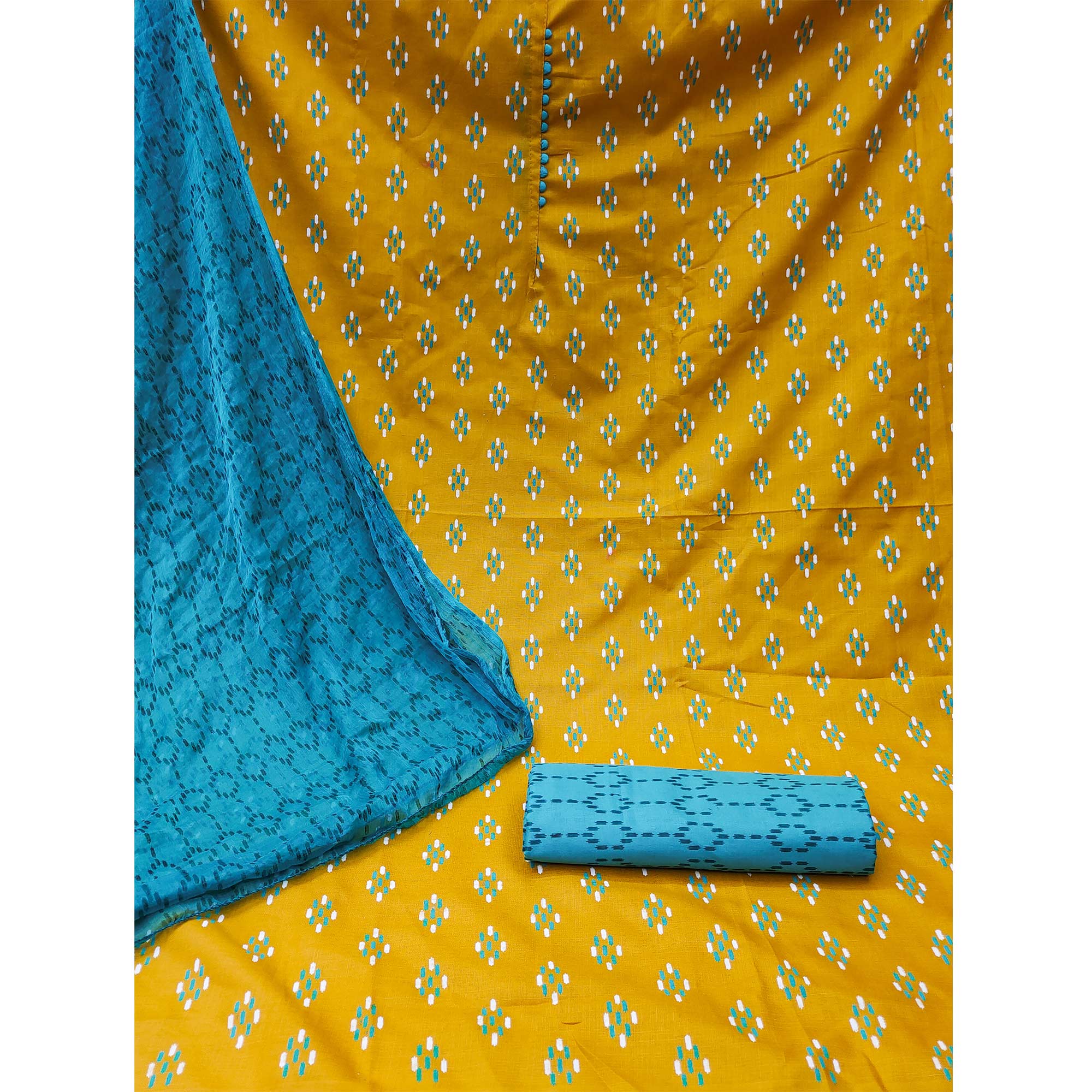 Mustard Printed Cotton Blend Dress Material