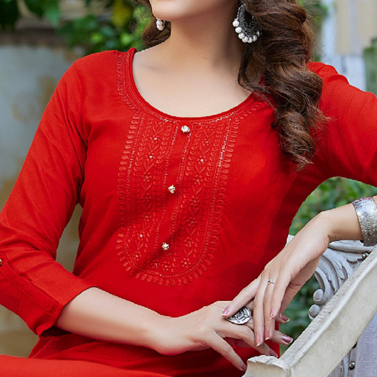 Red Embroidered Rayon Kurti