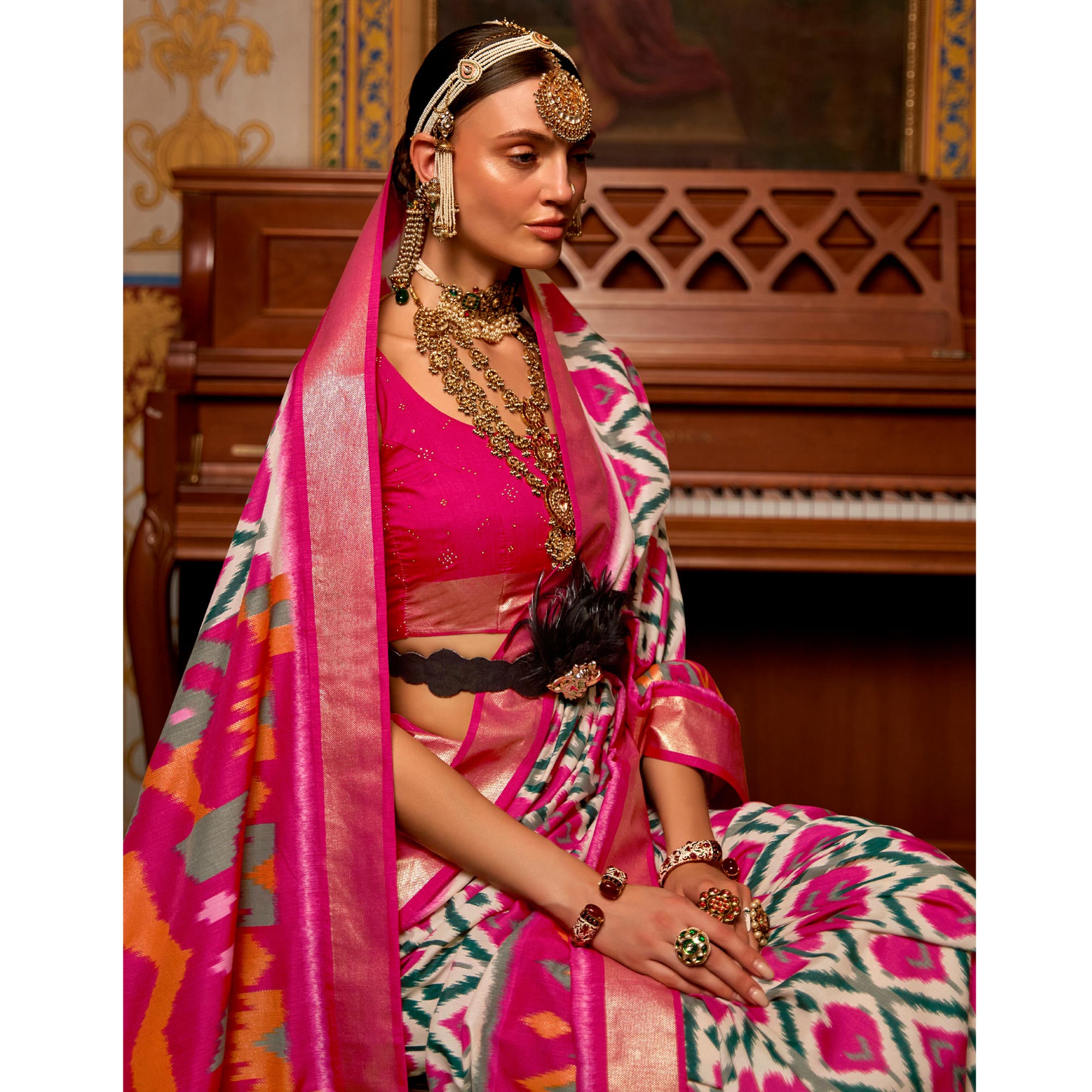 Rose Pink & Off White Printed Art Silk Saree