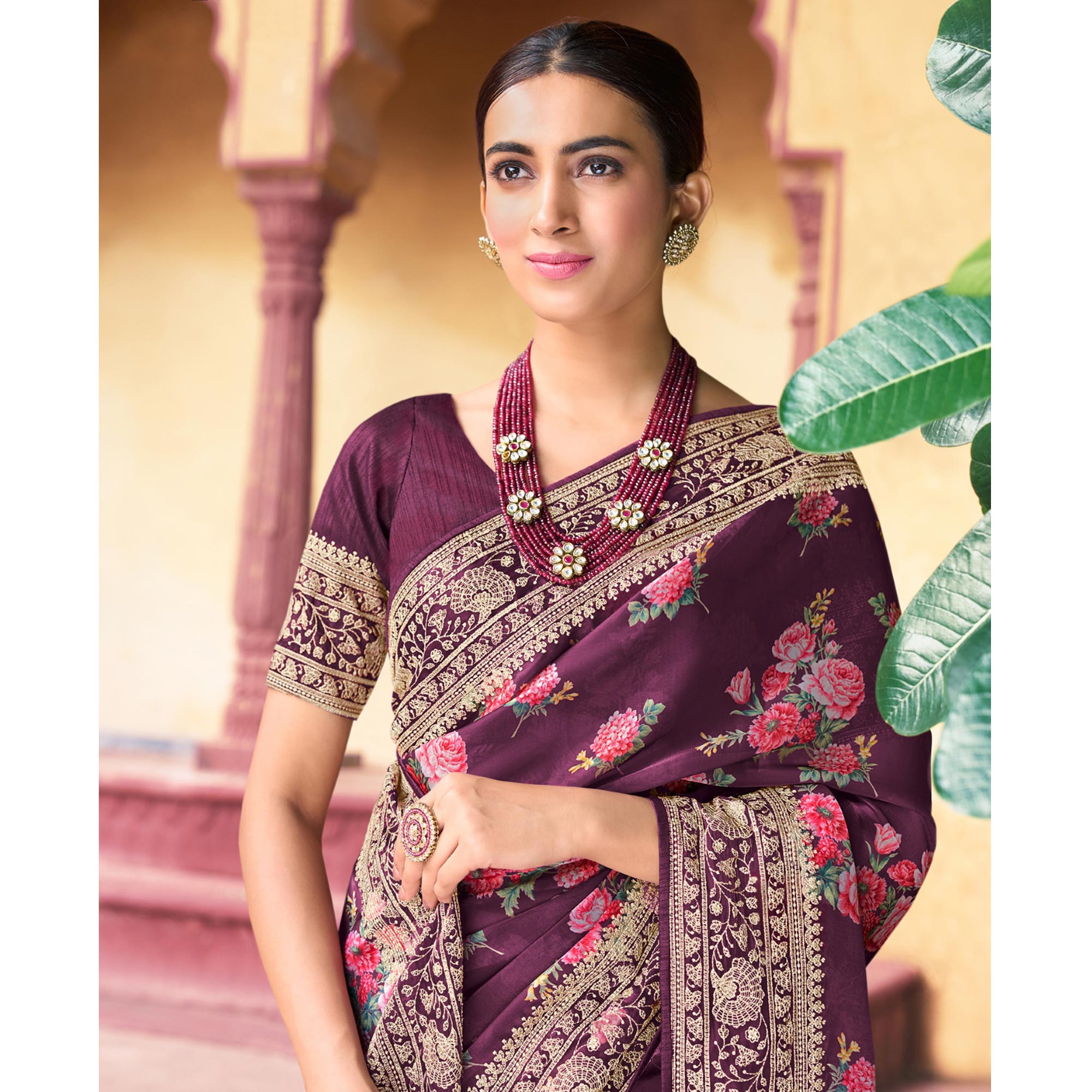 Wine Floral Printed With Embroidered Organza Saree
