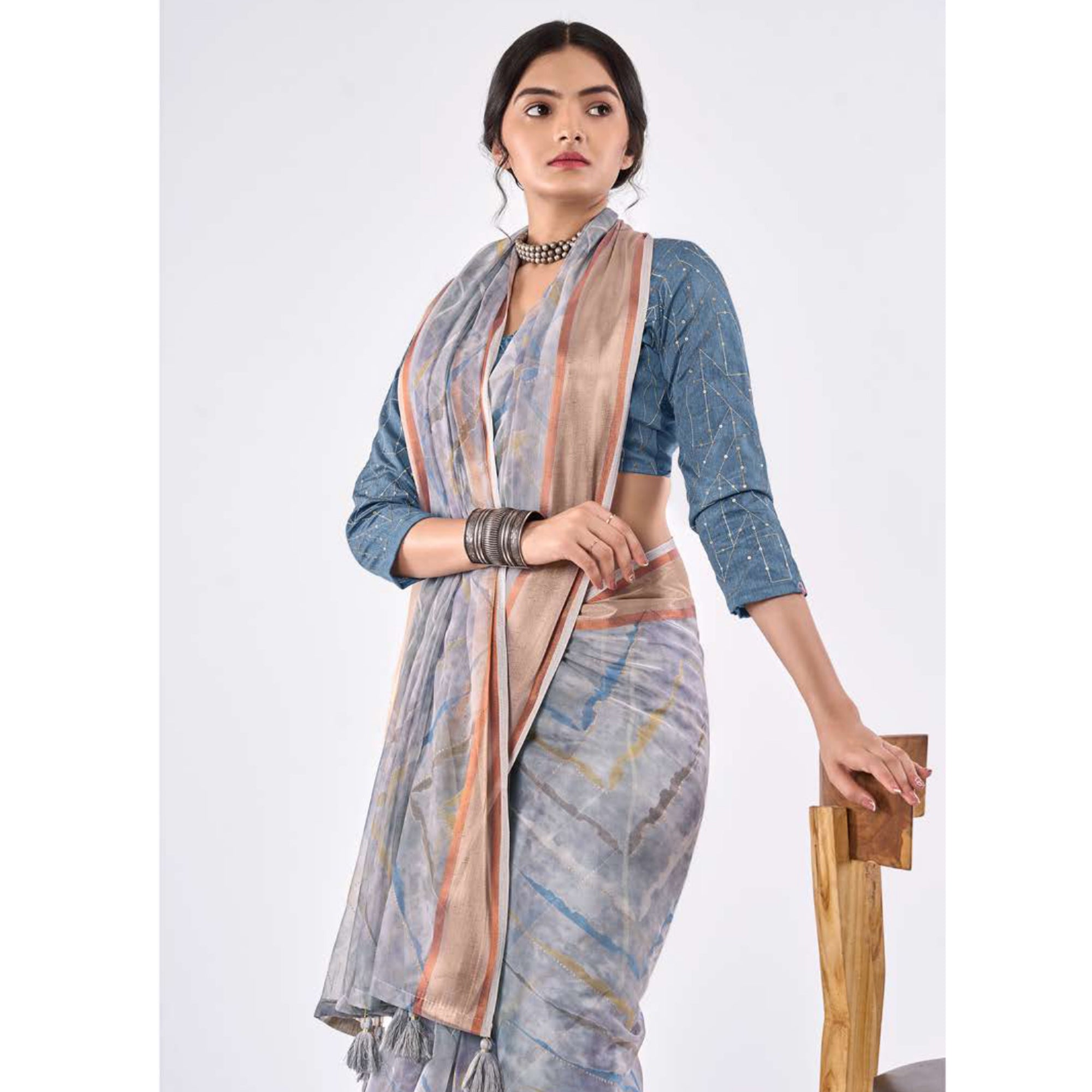 Grey Printed Organza Saree With Woven Border