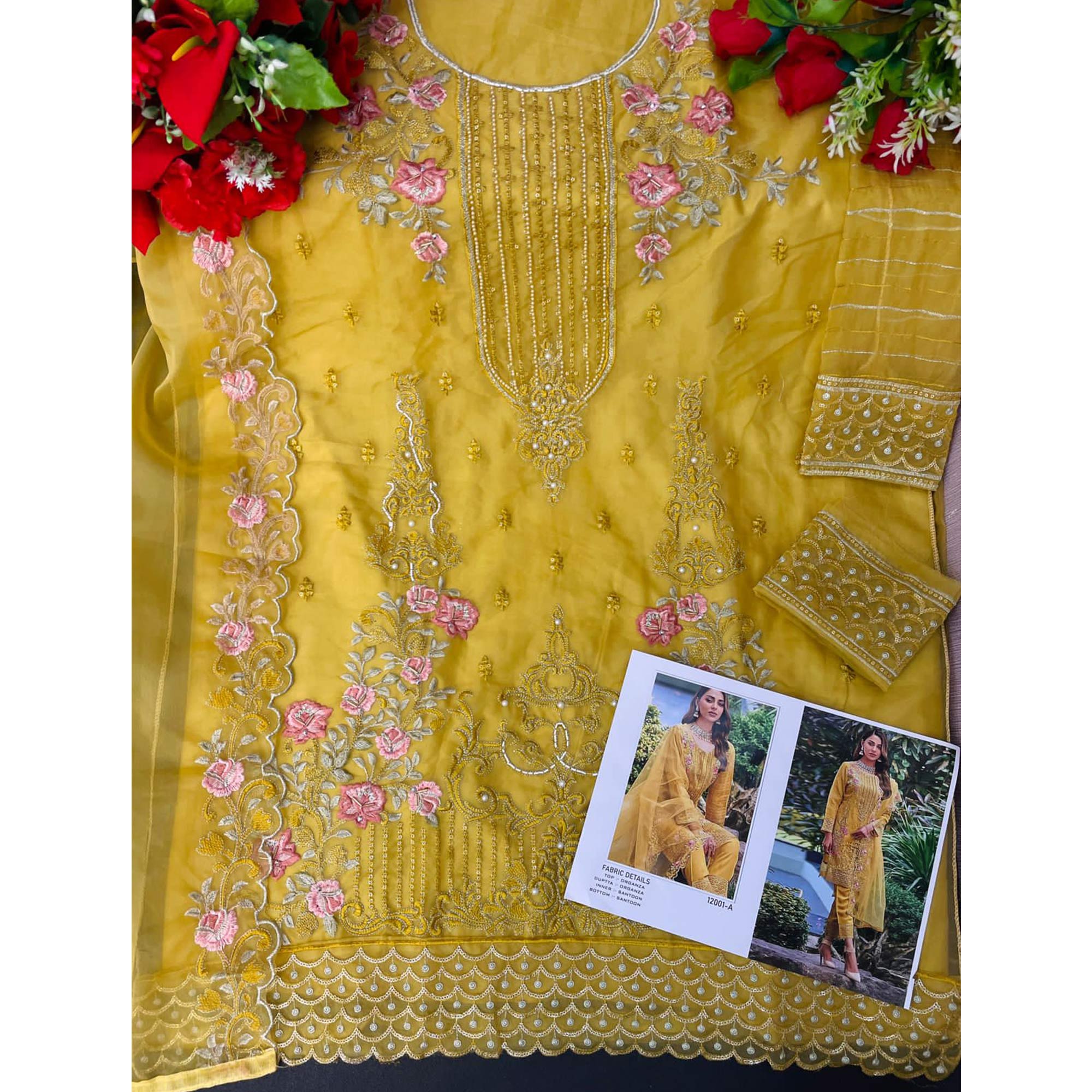 Yellow Floral Embroidered Organza Pakistani Suit