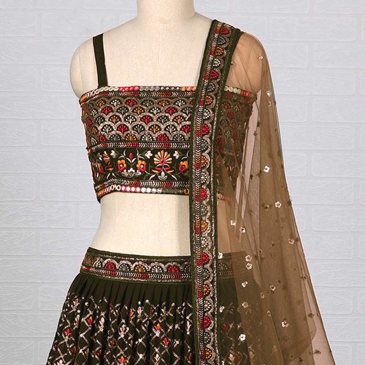 Mehendi Green Sequins Embroidered Georgette Lehenga Choli