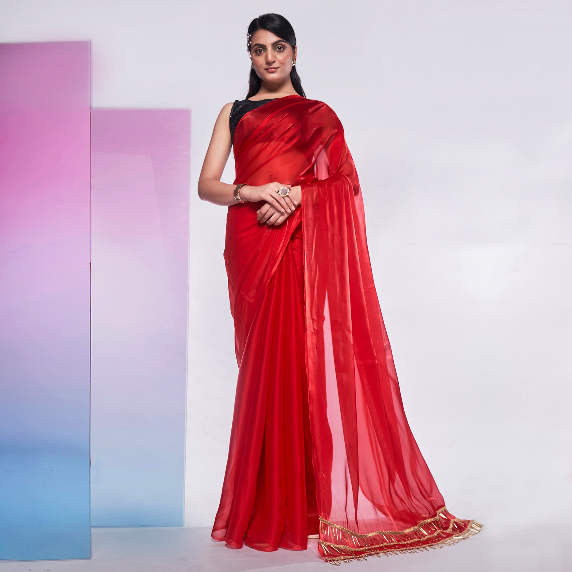 Red Solid Organza Saree With Tassels