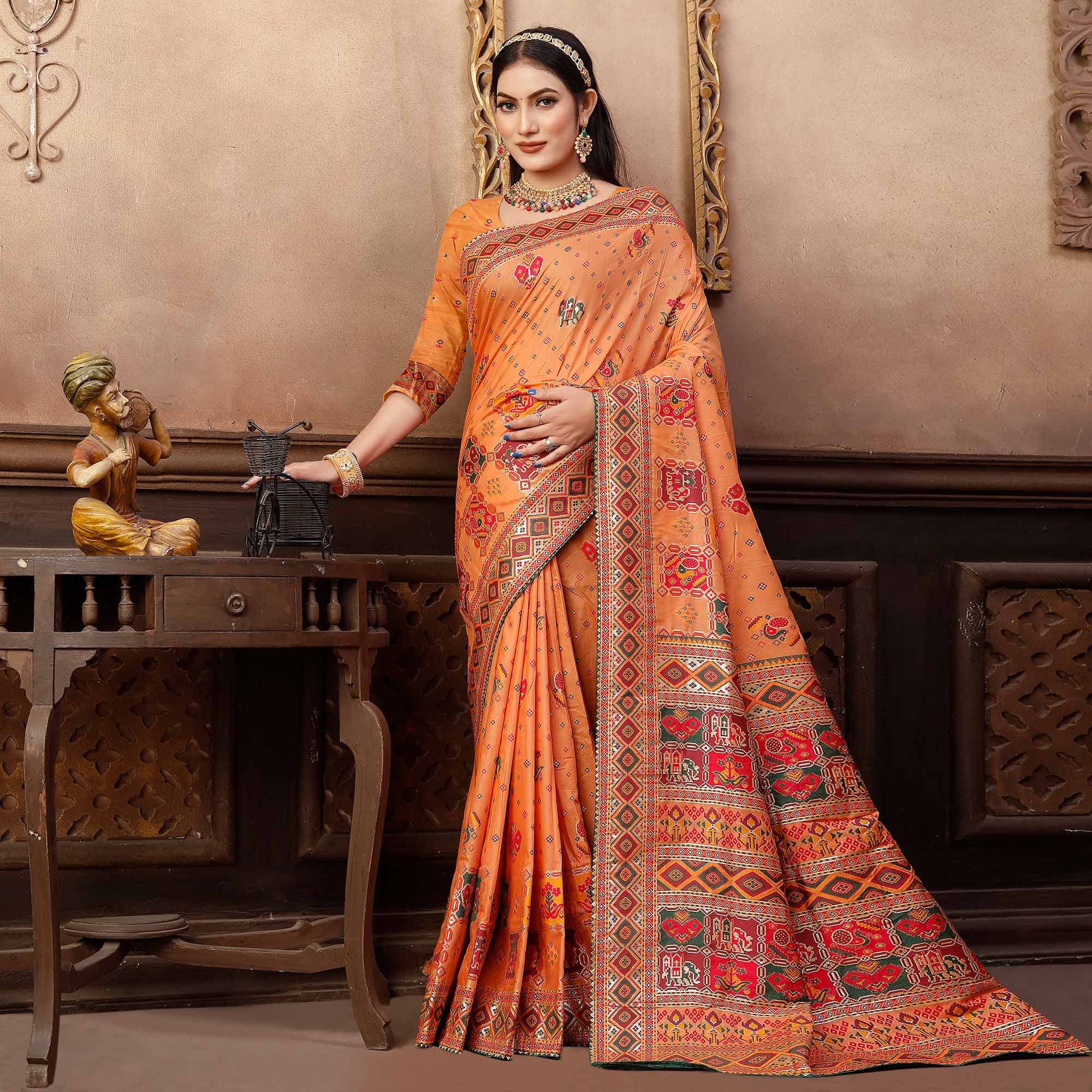 Orange Woven With Gota Patti Work Pashmina Saree