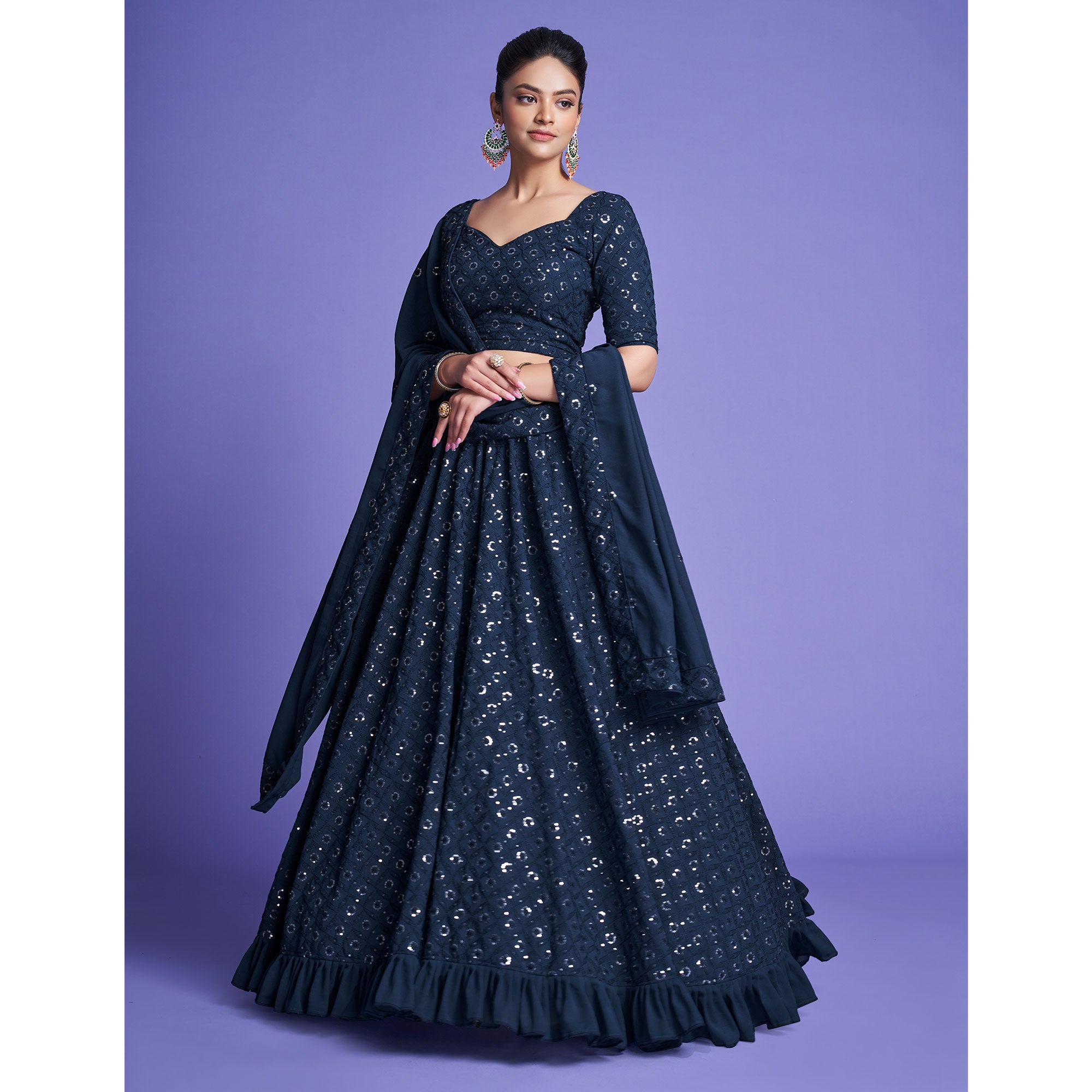 Teal Blue Sequins Embroidered Georgette Lehenga Choli