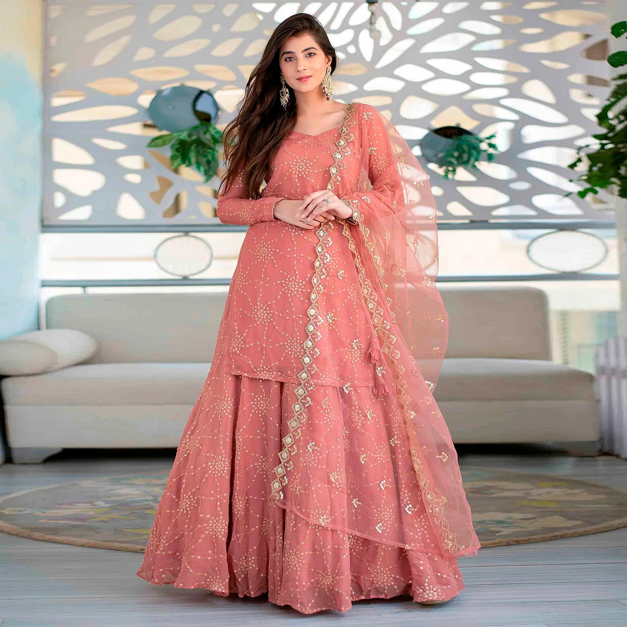 Peach Sequins Embroidered Georgette Semi Stitched Gharara Style Suit