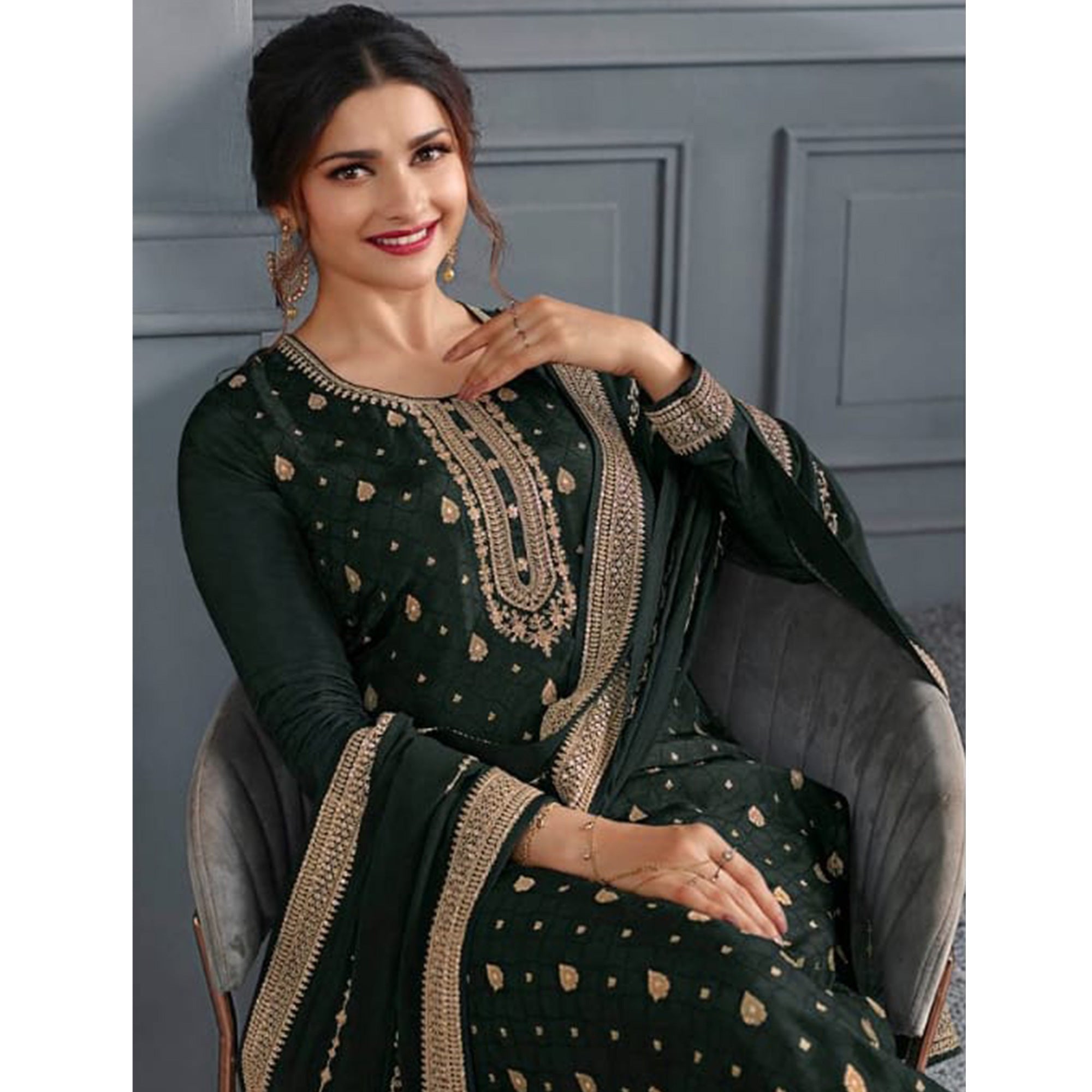 Green Woven With Sequins Embroidered Dola Silk Palazzo Suit