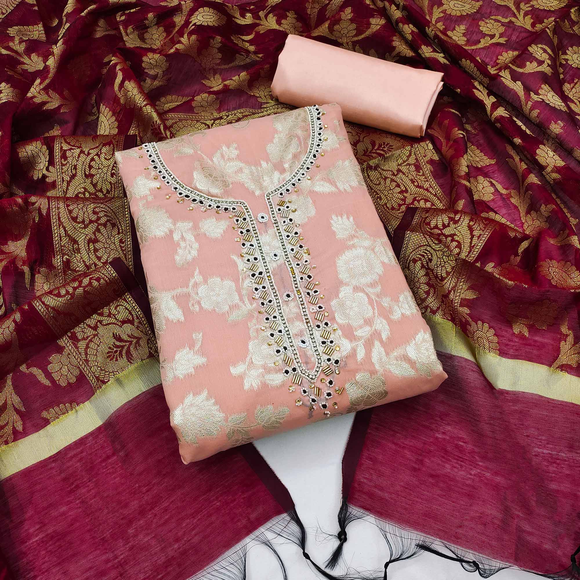 Peach Floral Woven With Handwork Banarasi Silk Dress Material