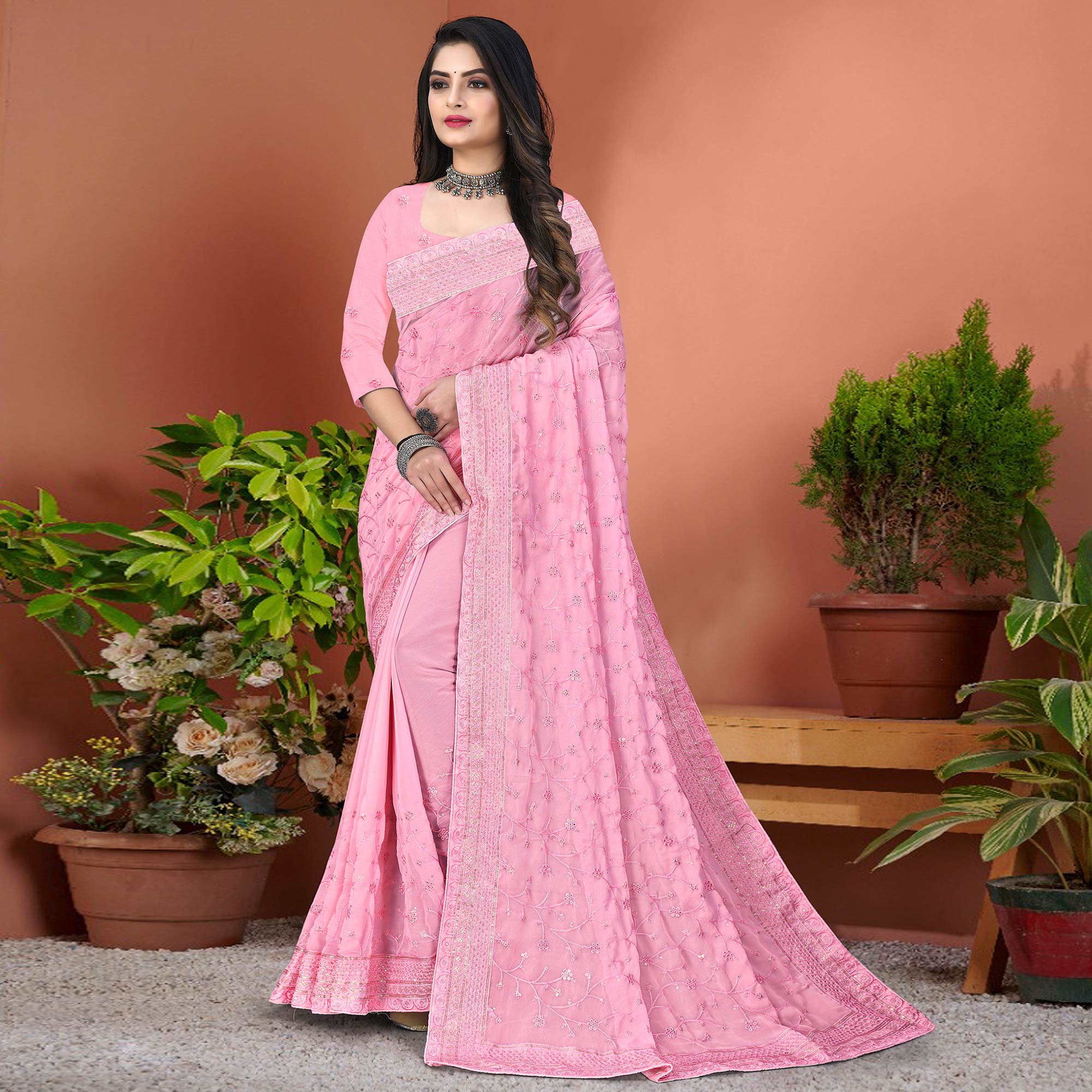 Light Pink Floral Sequins Embroidered Georgette Saree