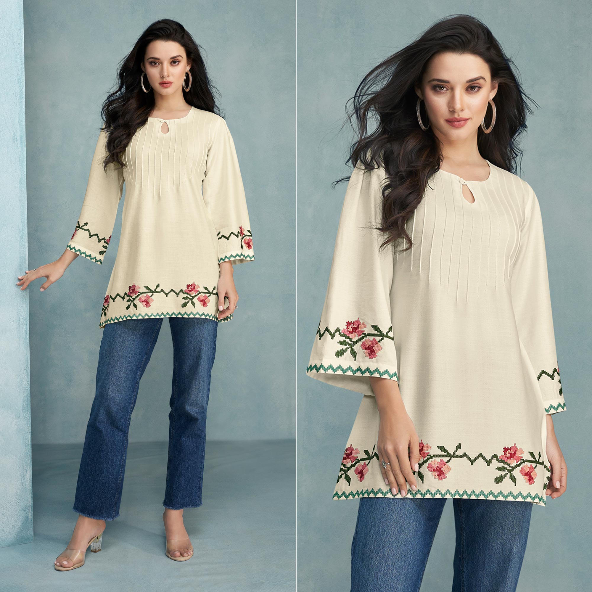 Cream Casual Wear Floral Embroidered Rayon Top