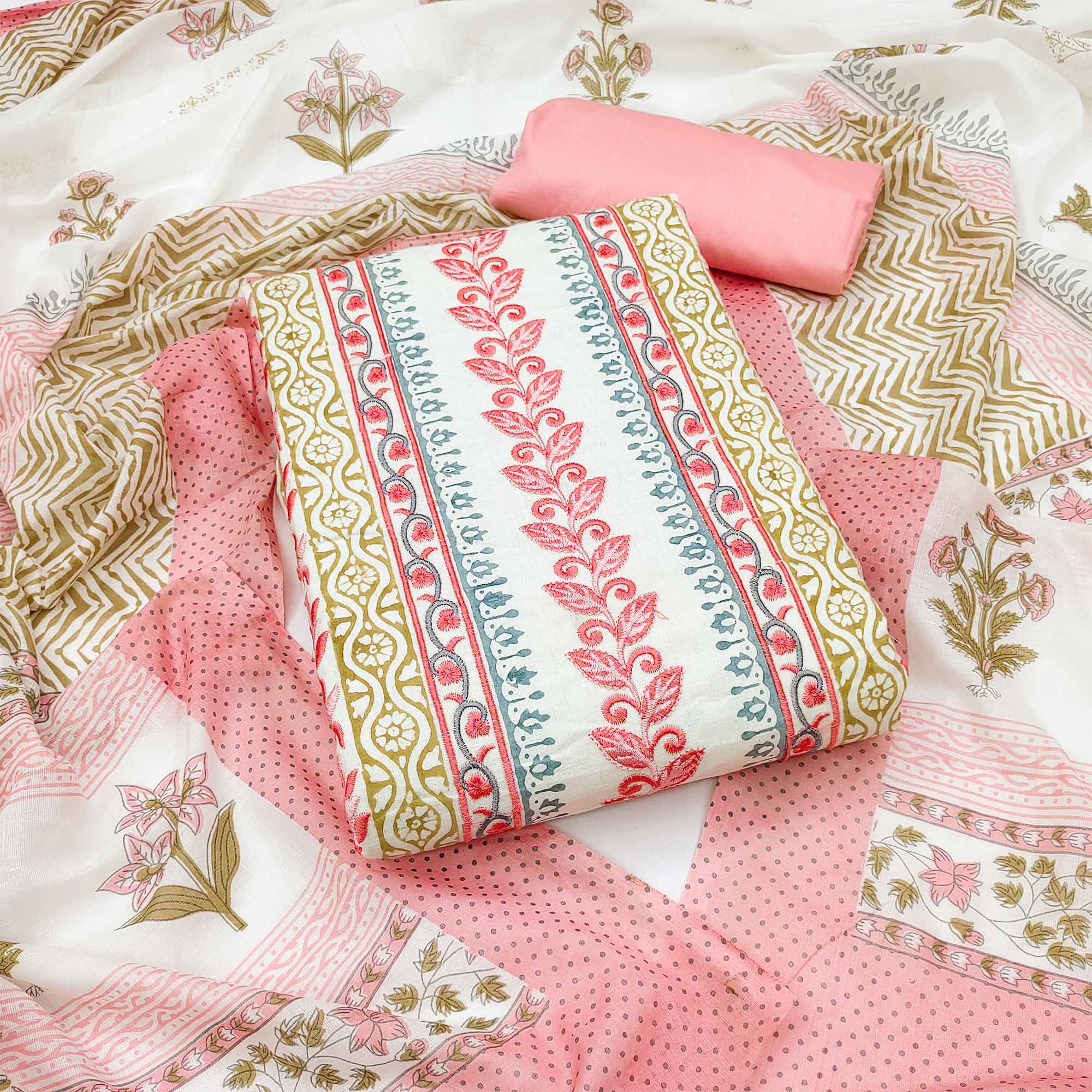 Pink Floral Embroidered Pure Cotton Dress Material