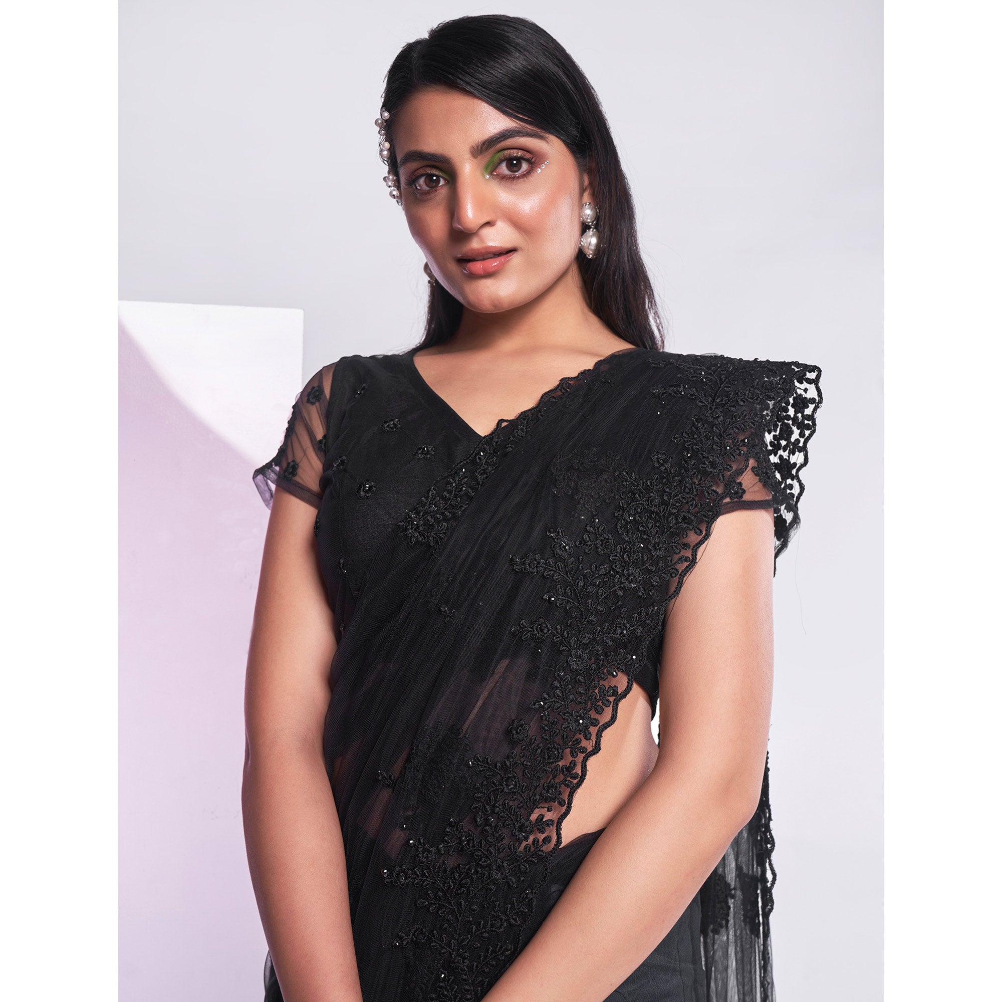 Black Floral Embroidered Net Saree