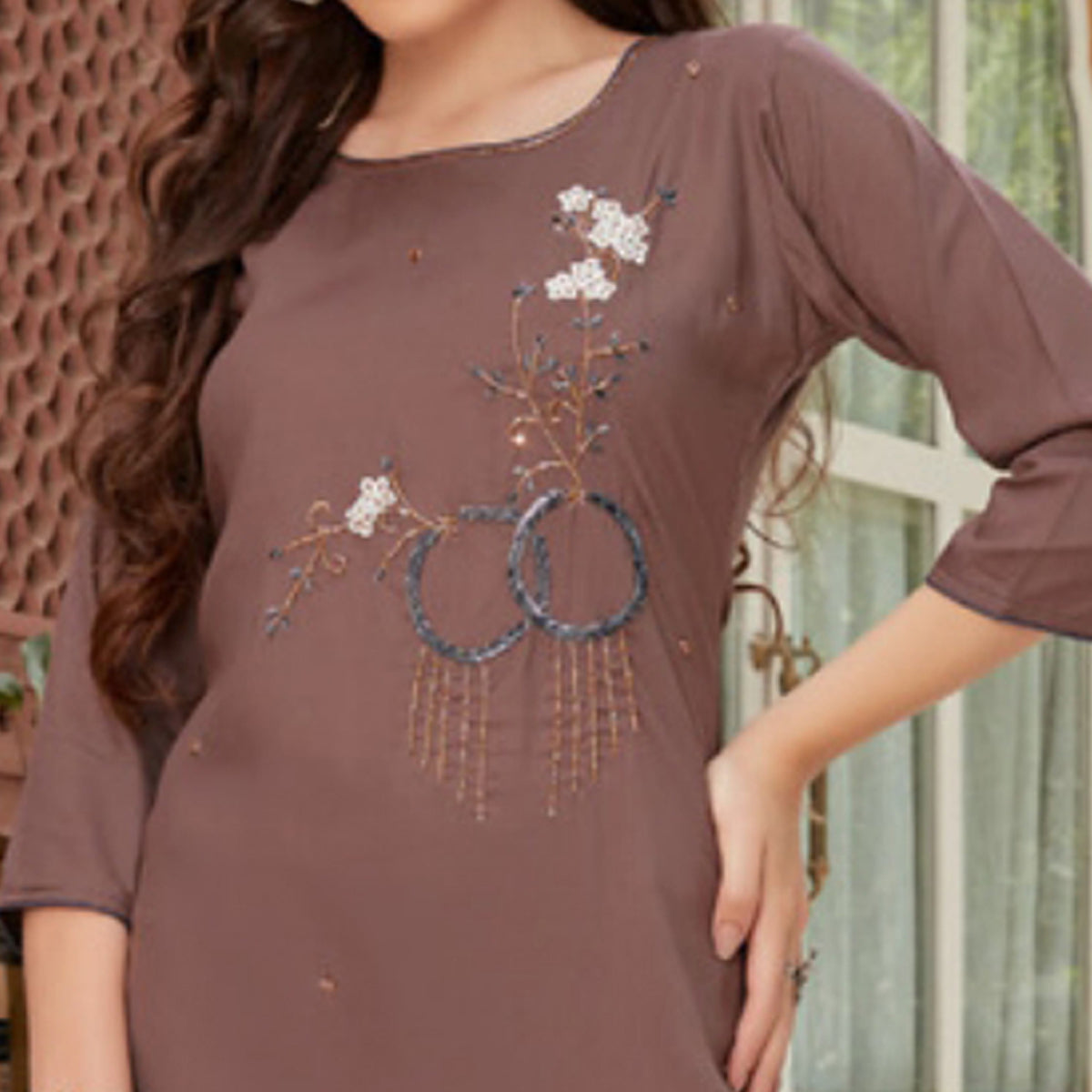 Brown Embroidered Rayon Kurti