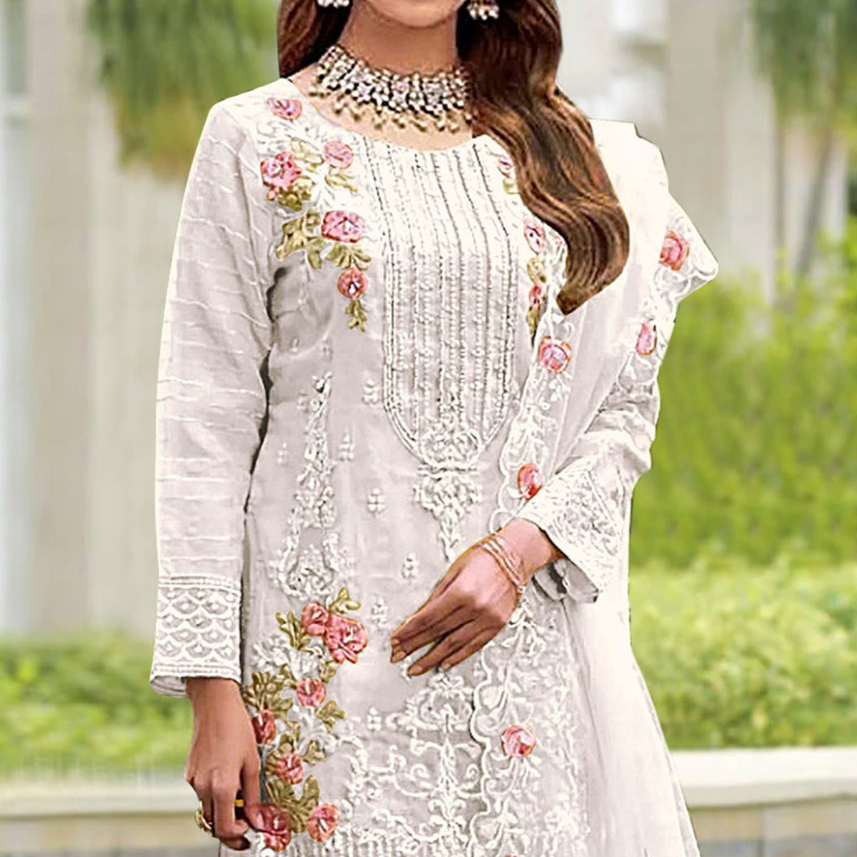 White Floral Embroidered Organza Pakistani Suit