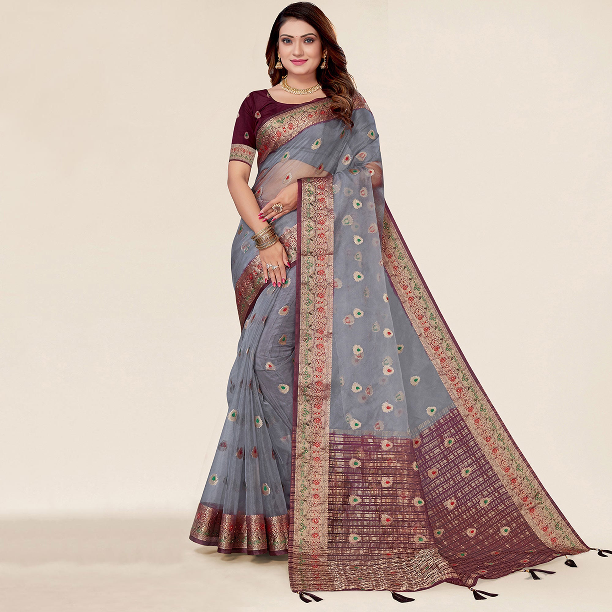 Grey Woven Organza Saree With Tassels