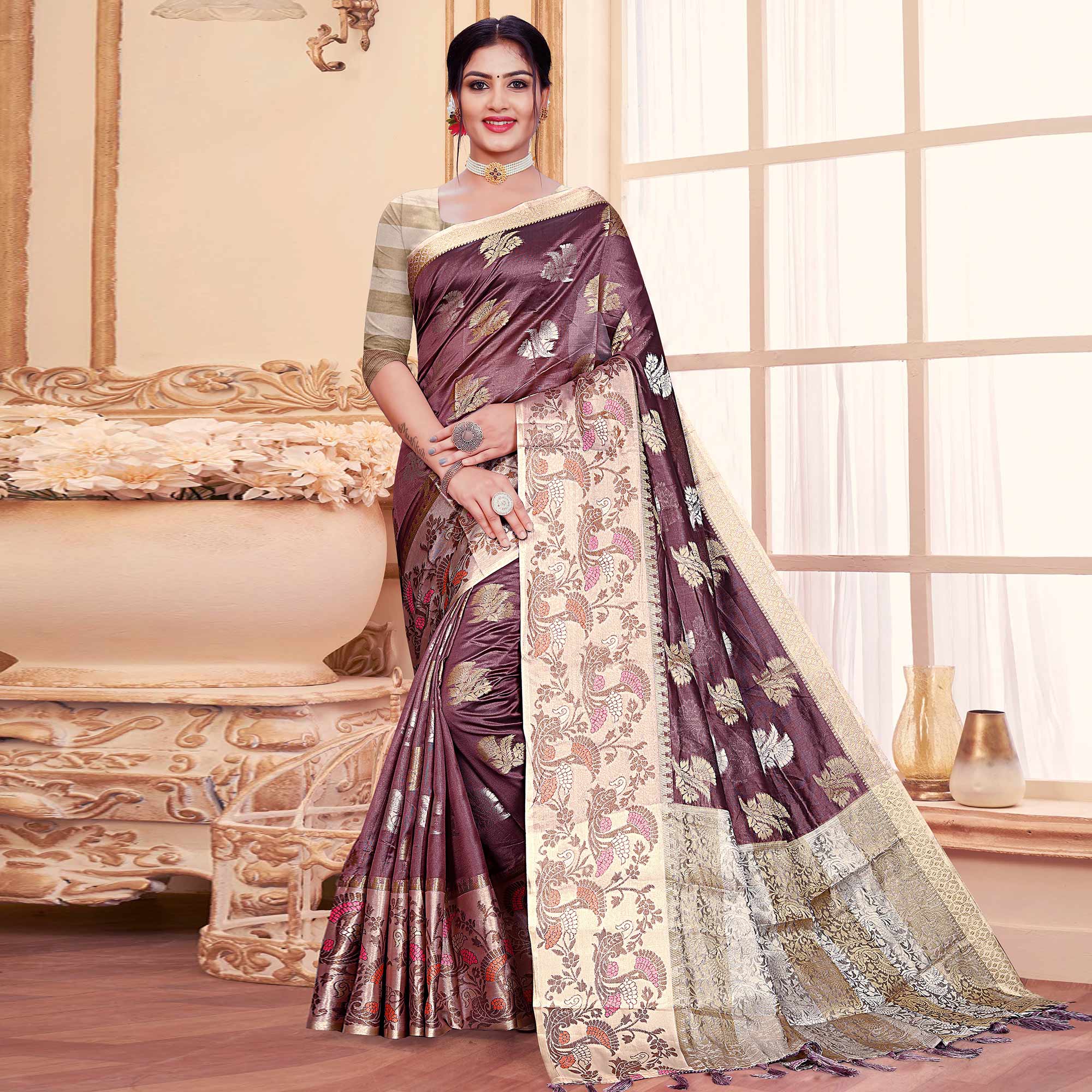 Dark Mauve Floral Woven Organza Saree With Tassels