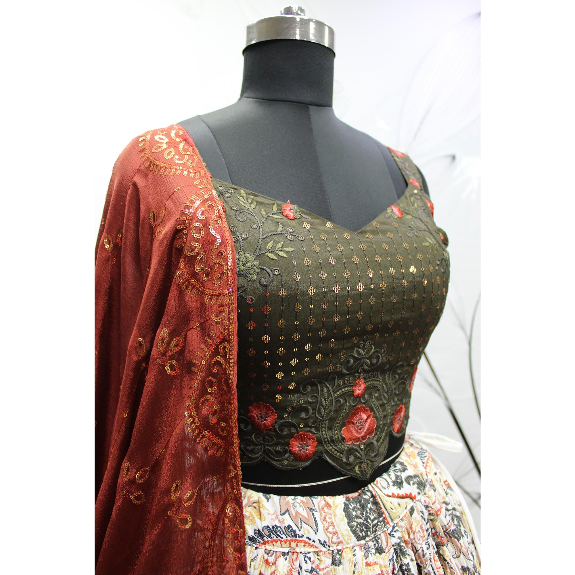 Offwhite Printed Art Silk Lehenga Choli