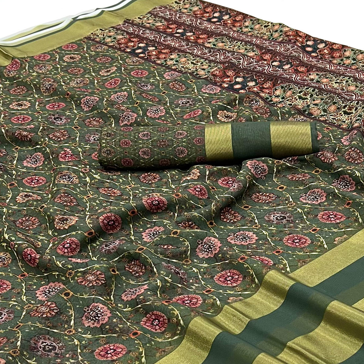 Green Digital Floral Printed Viscose Saree