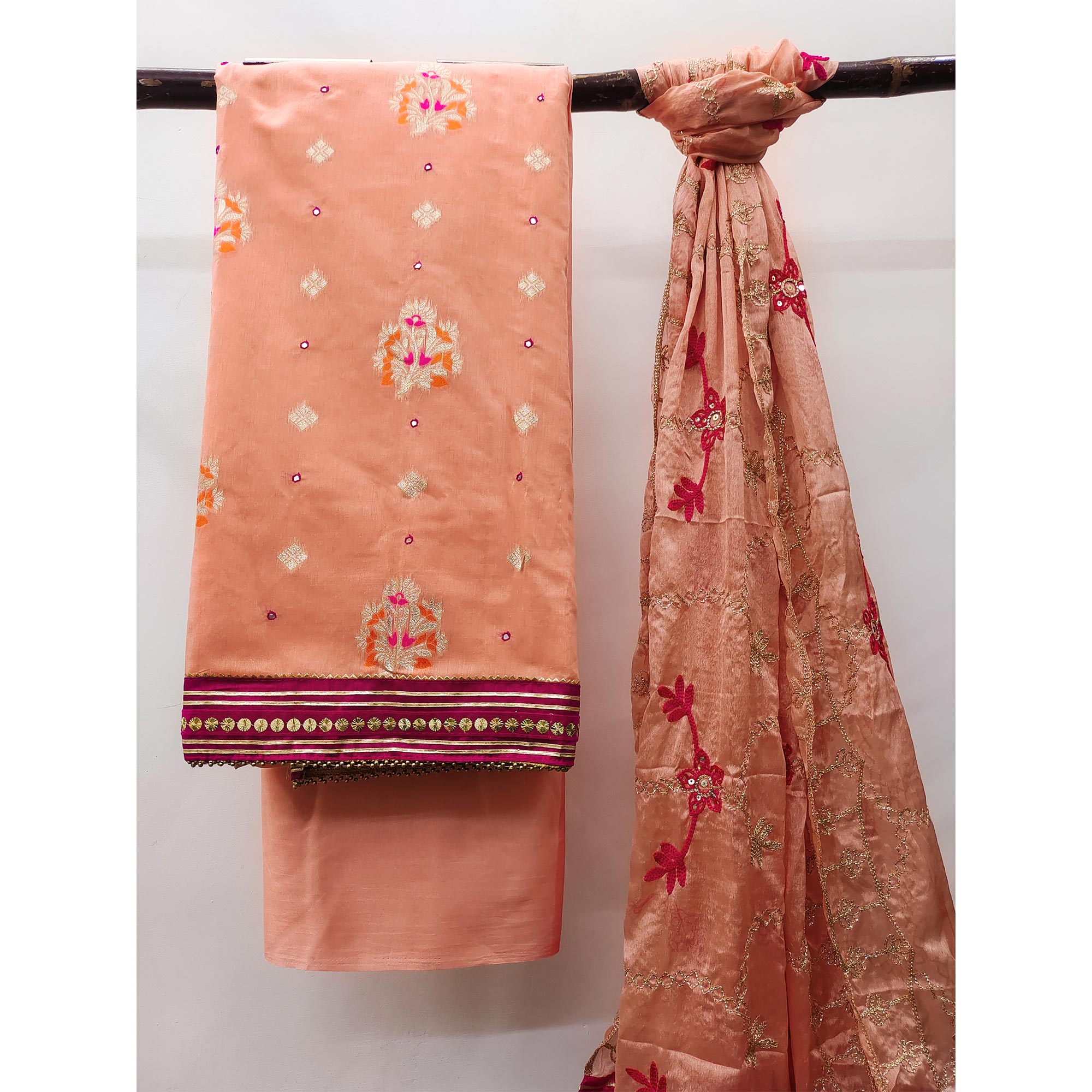 Peach Floral Woven Banarasi Silk Dress Material