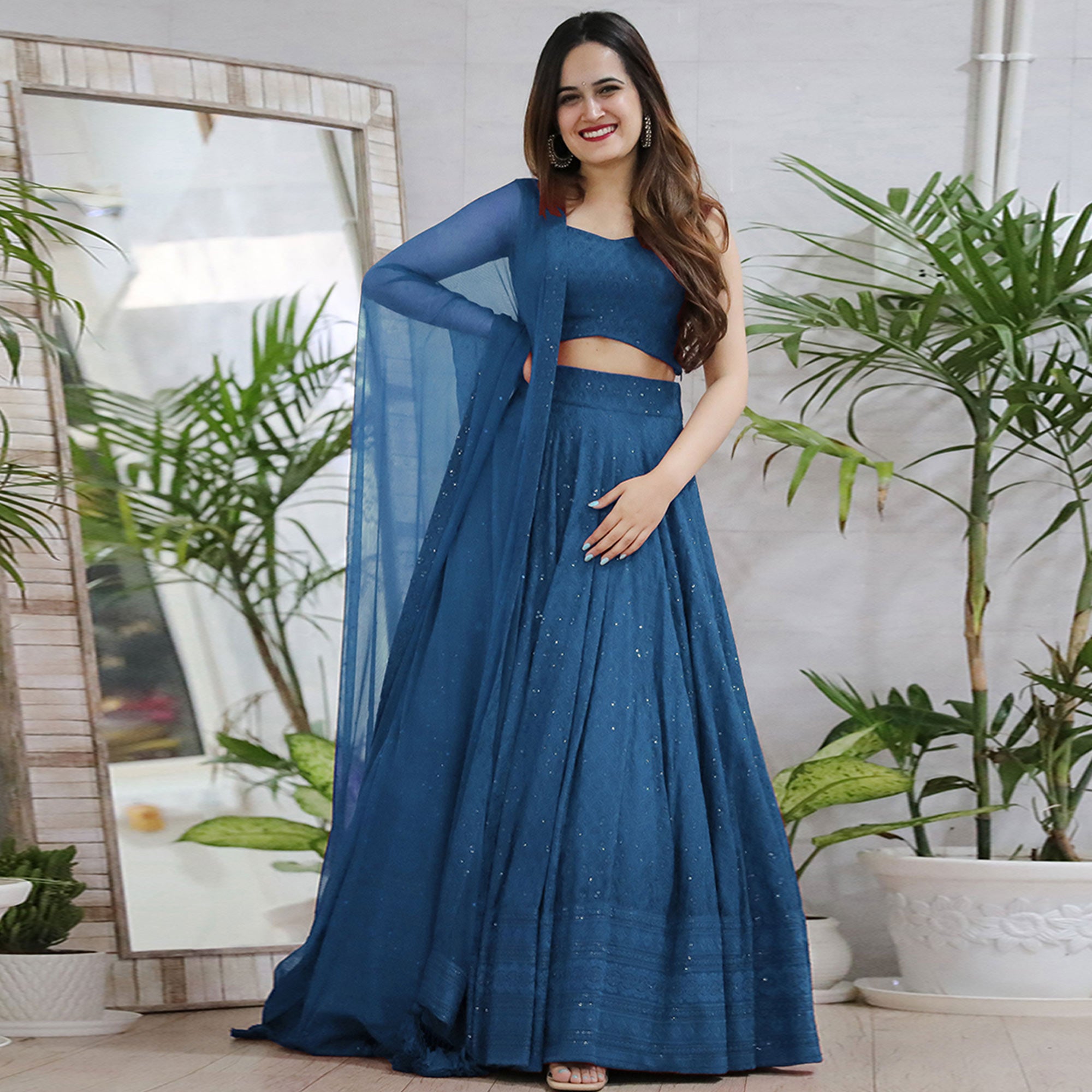 Blue Lucknowi With Sequins Work Rayon Lehenga Choli