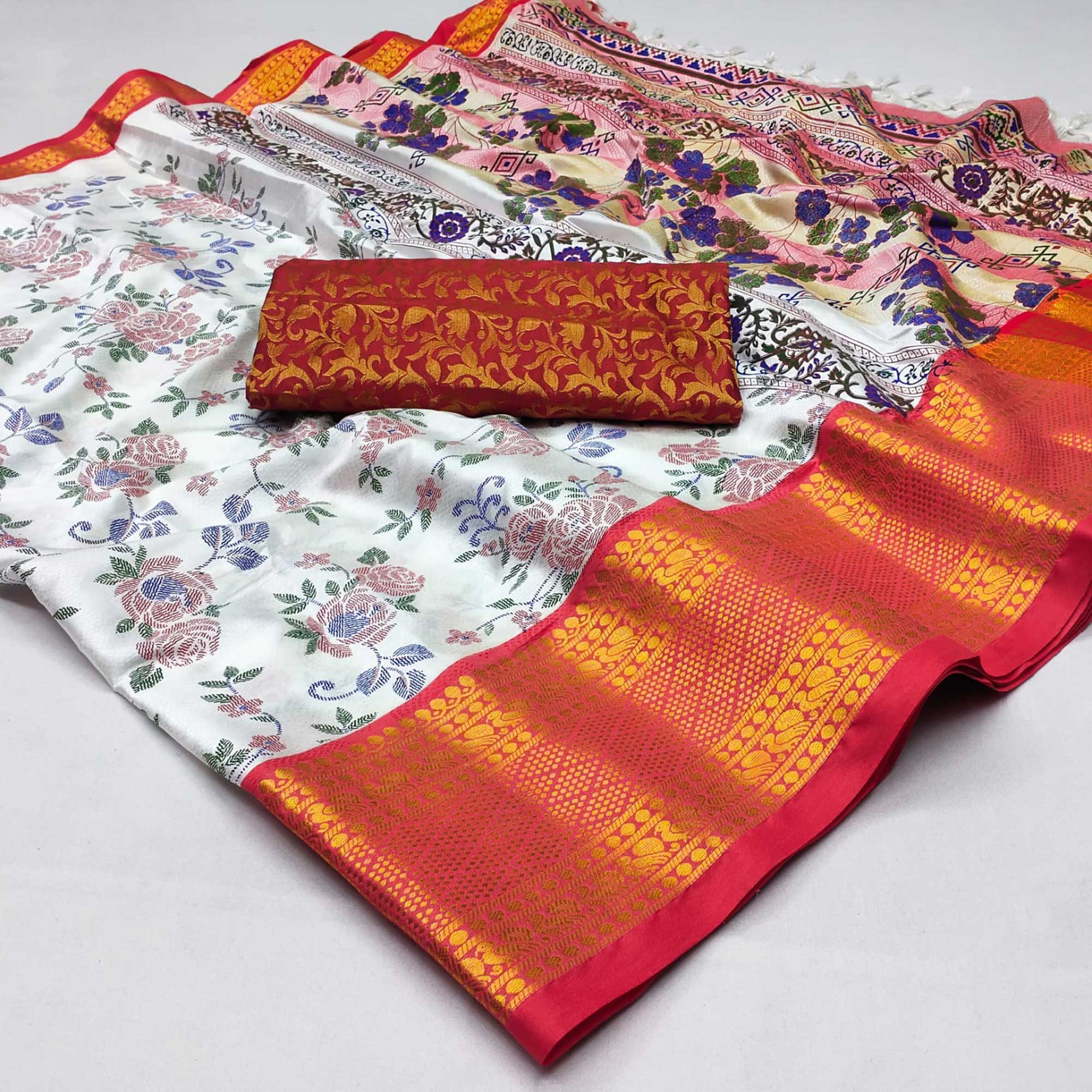 White And Red Floral Printed With Woven Cotton Silk Saree