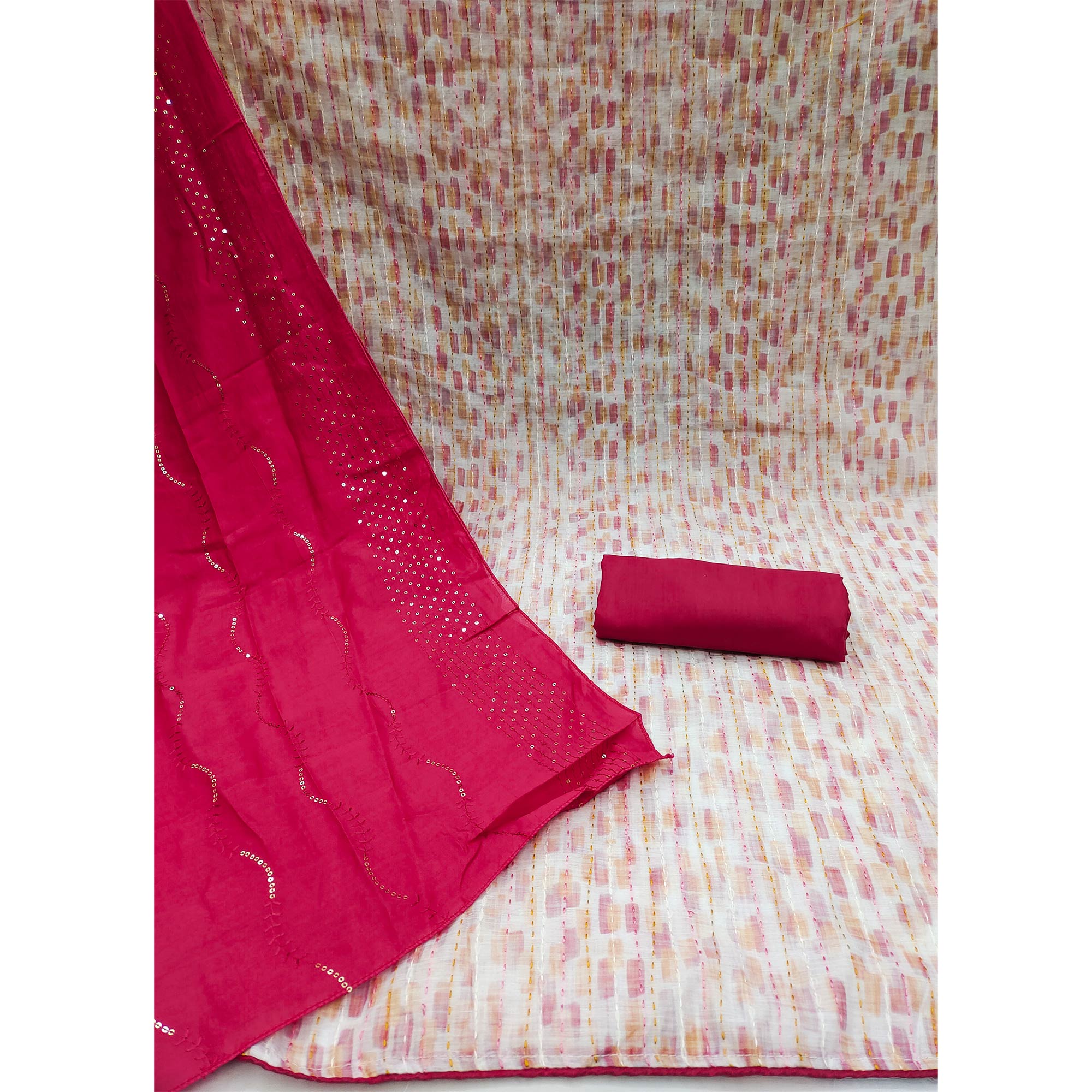 Off White Digital Printed With Embroidered Chanderi Dress Material