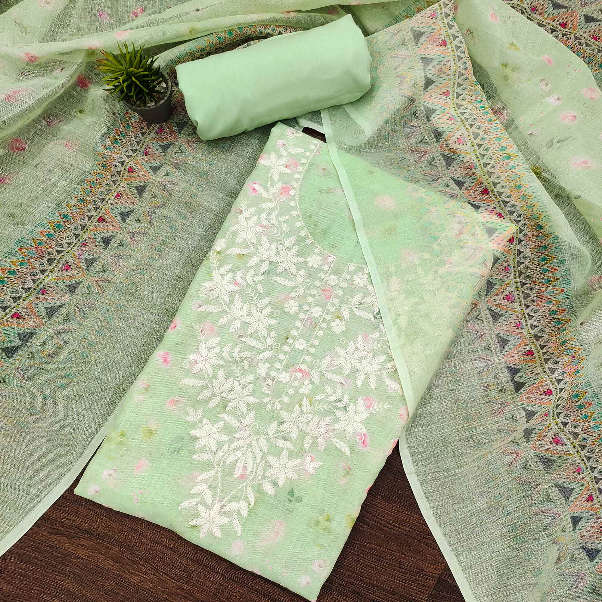 Pista Green Floral Printed Cotton Dress Material
