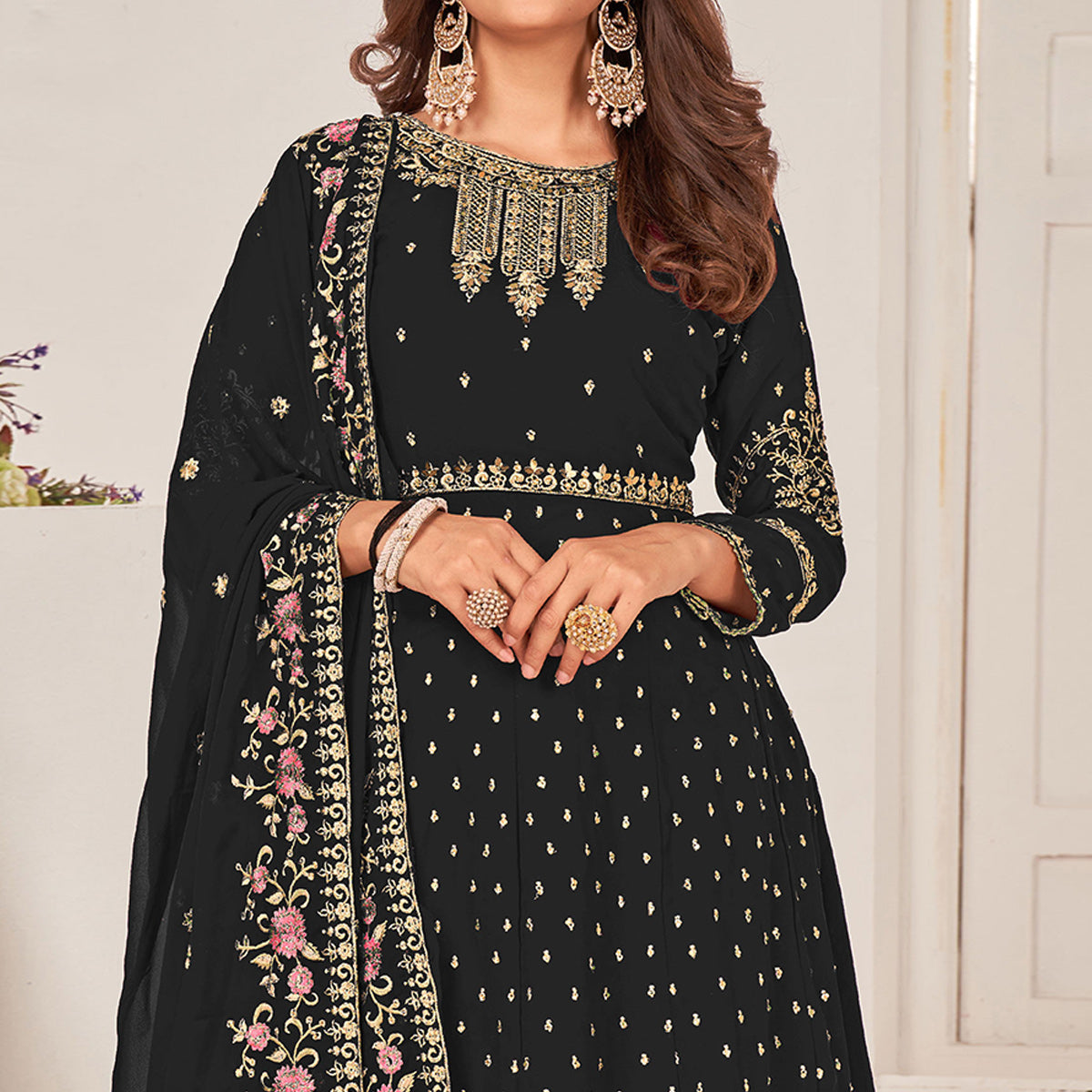 Black Sequins Embroidered Georgette Sharara Suit