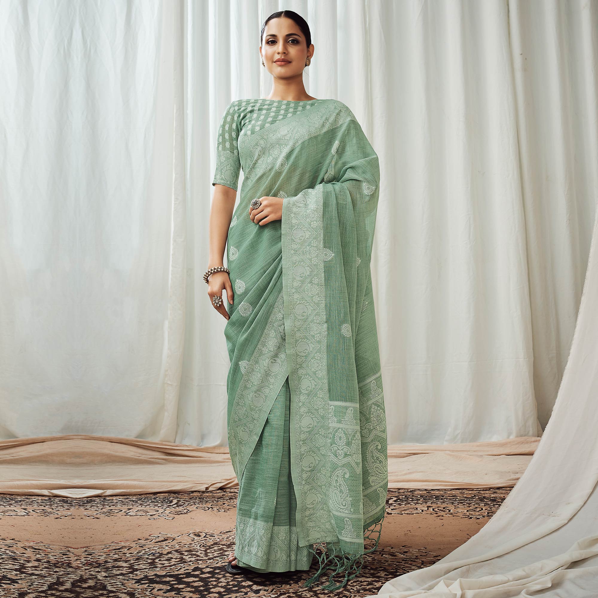 Green Woven Linen Saree