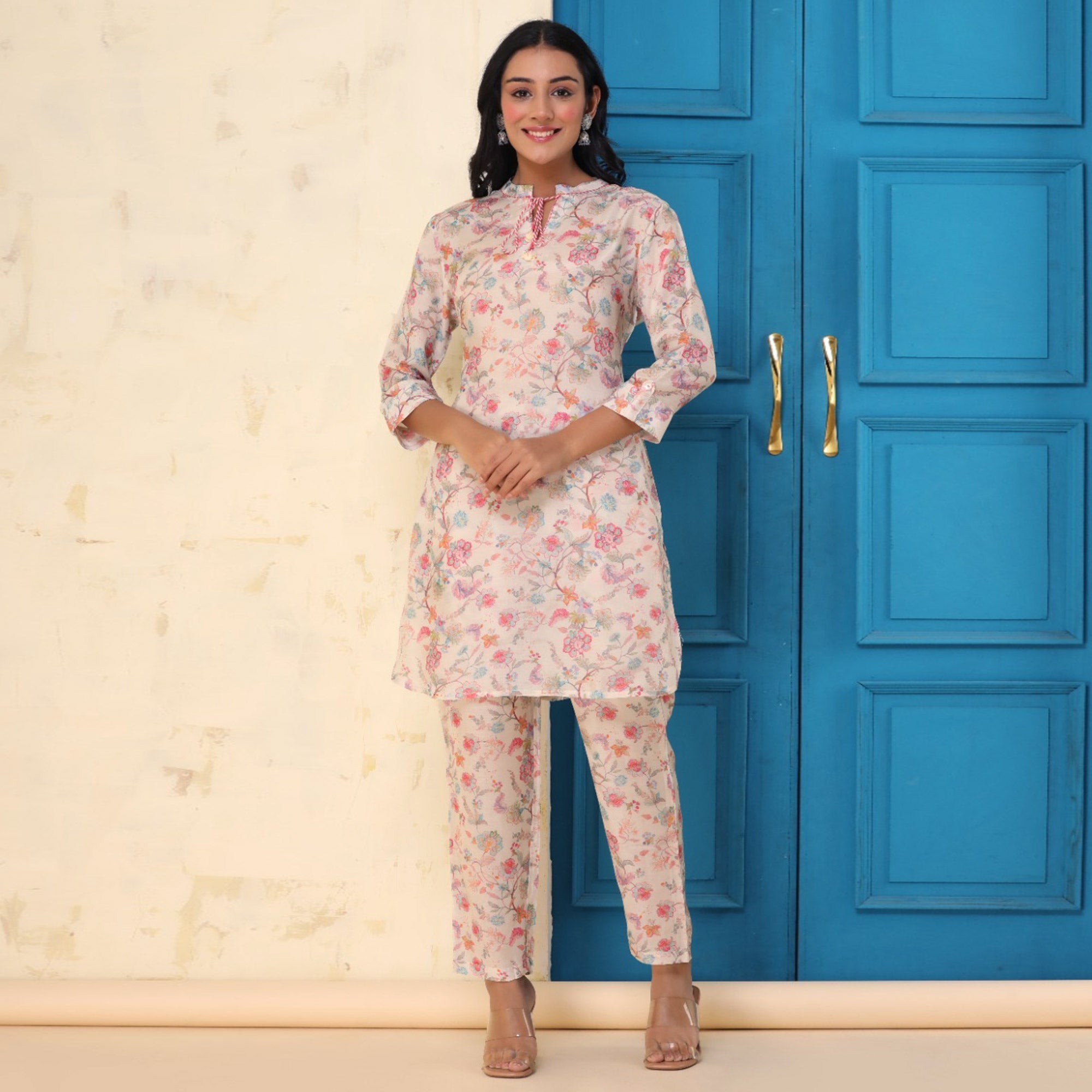 White Pink Floral Printed Cotton Silk Co Ord Set