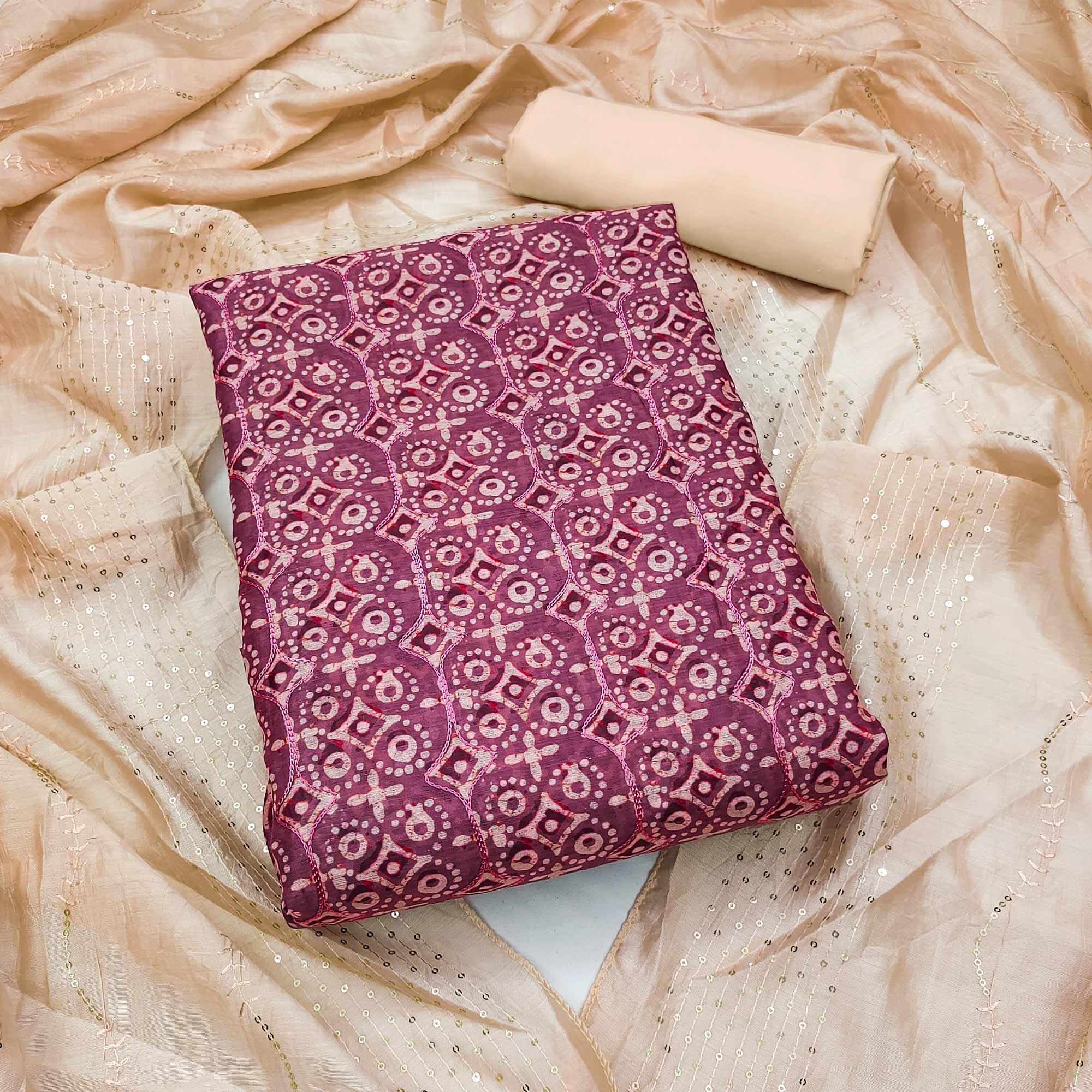 Purple Digital Printed With Embroidered Chanderi Dress Material