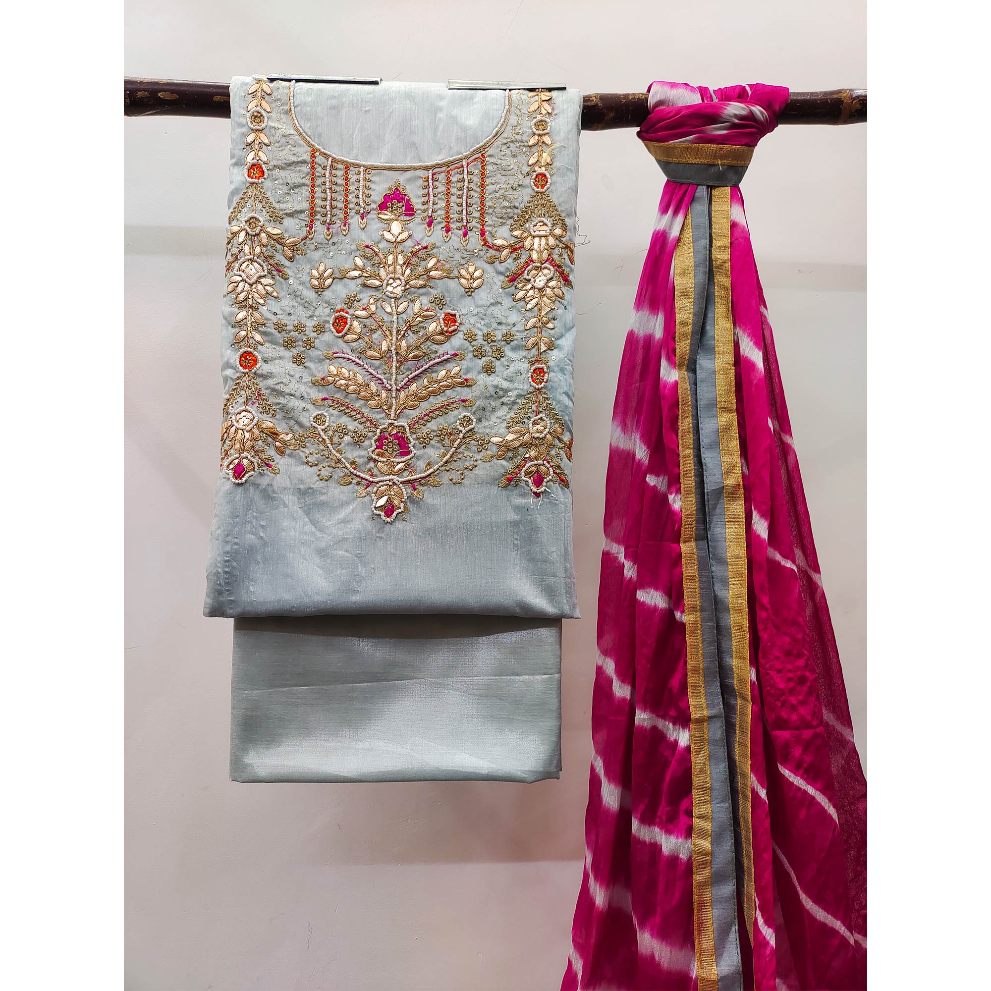 Grey Embroidered Chanderi Dress Material