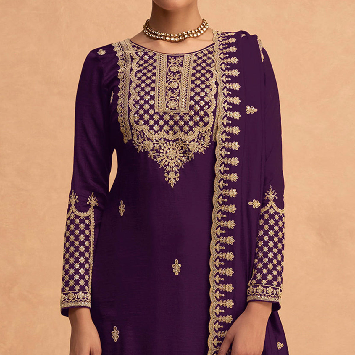 Purple Sequins Embroidered Georgette Palazzo Suit