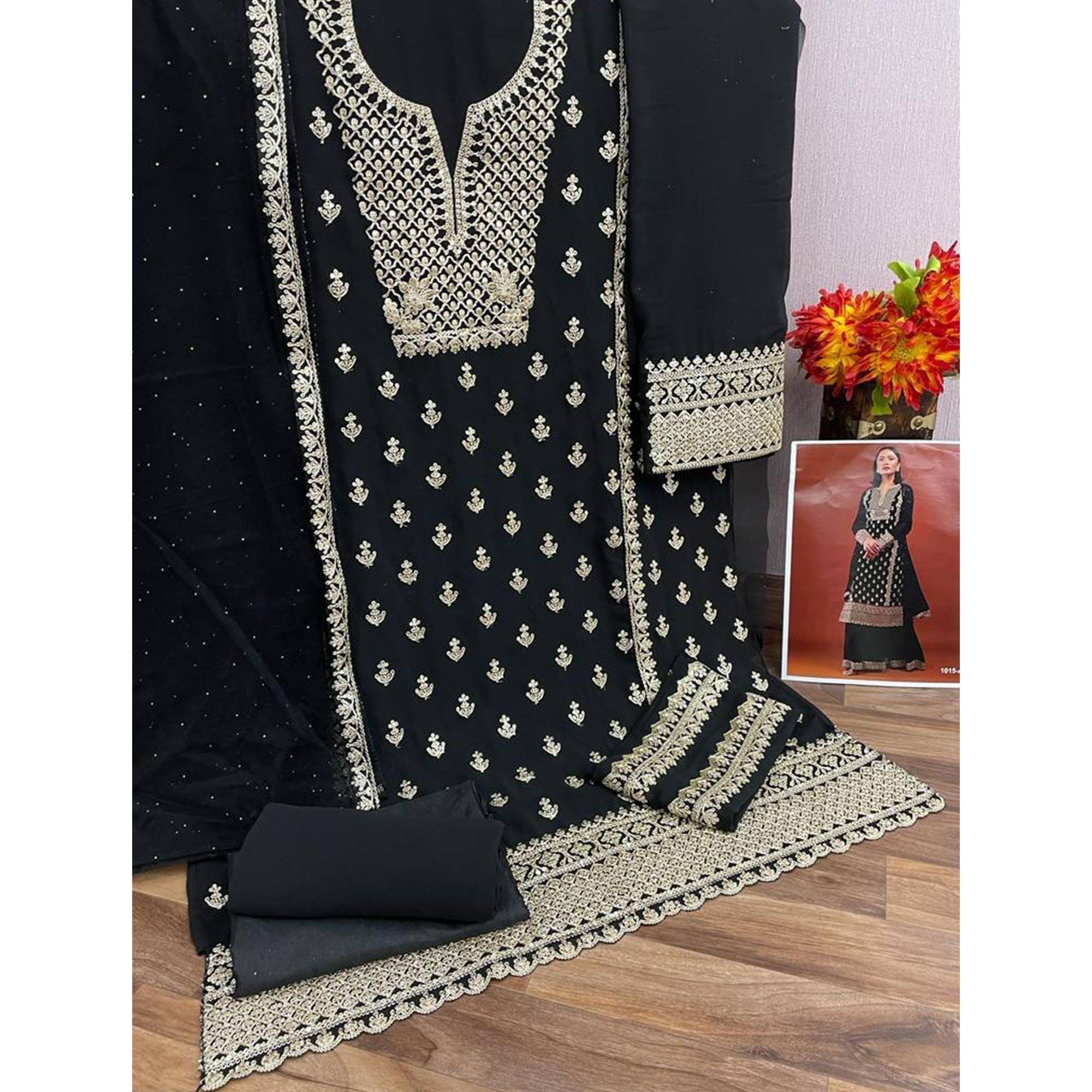 Black Sequins Embroidered Georgette Semi Stitched Palazzo Suit