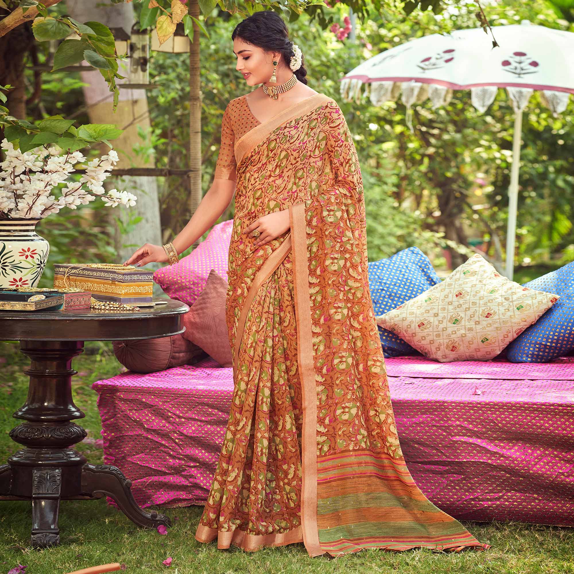 Brown Floral Printed With Woven Border Linen Saree