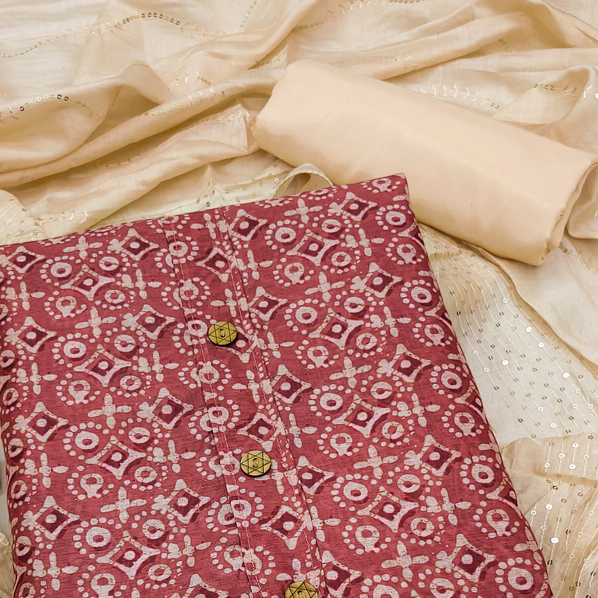 Rust Digital Printed Chanderi Dress Material
