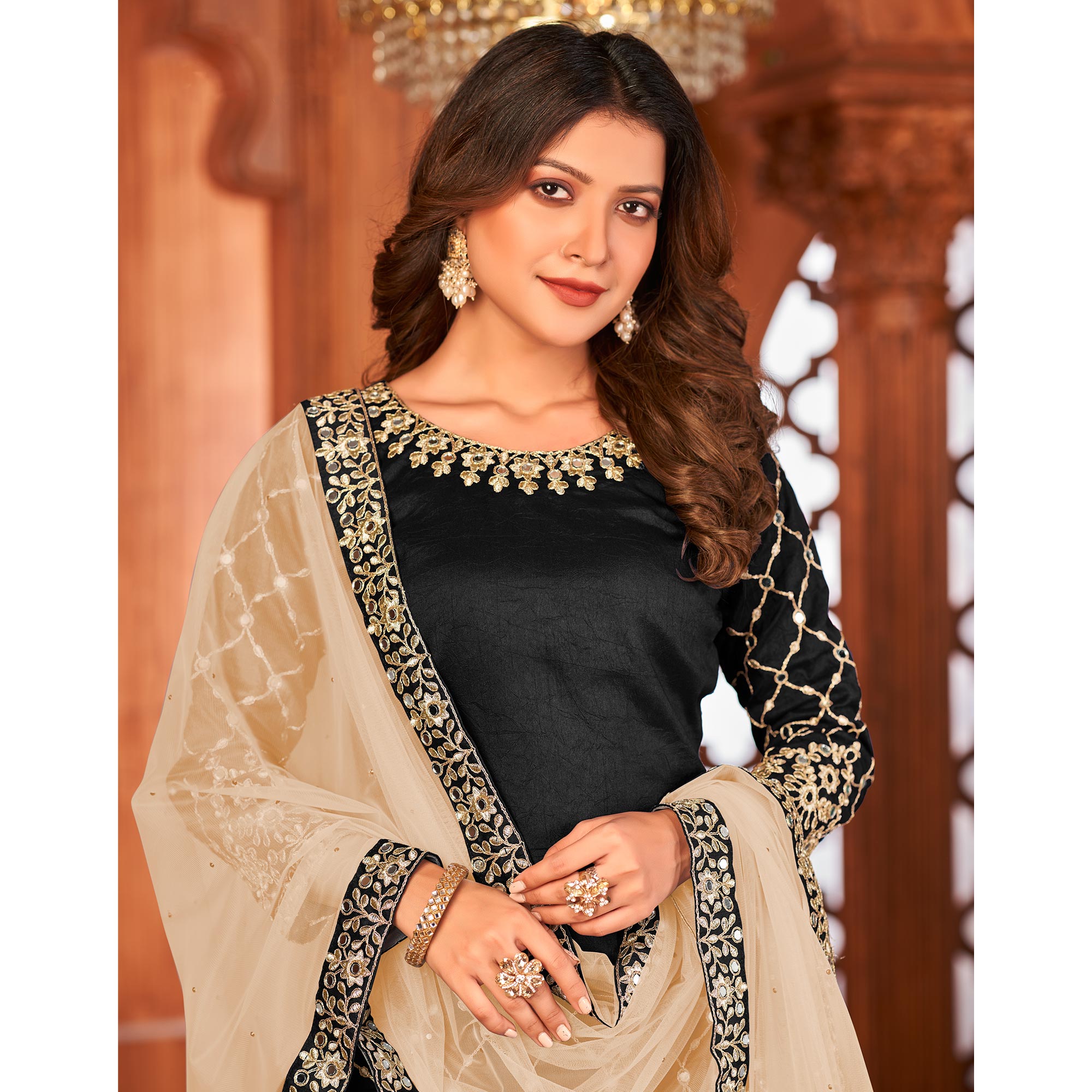 Black Embroidered Art Silk Patiala Suit