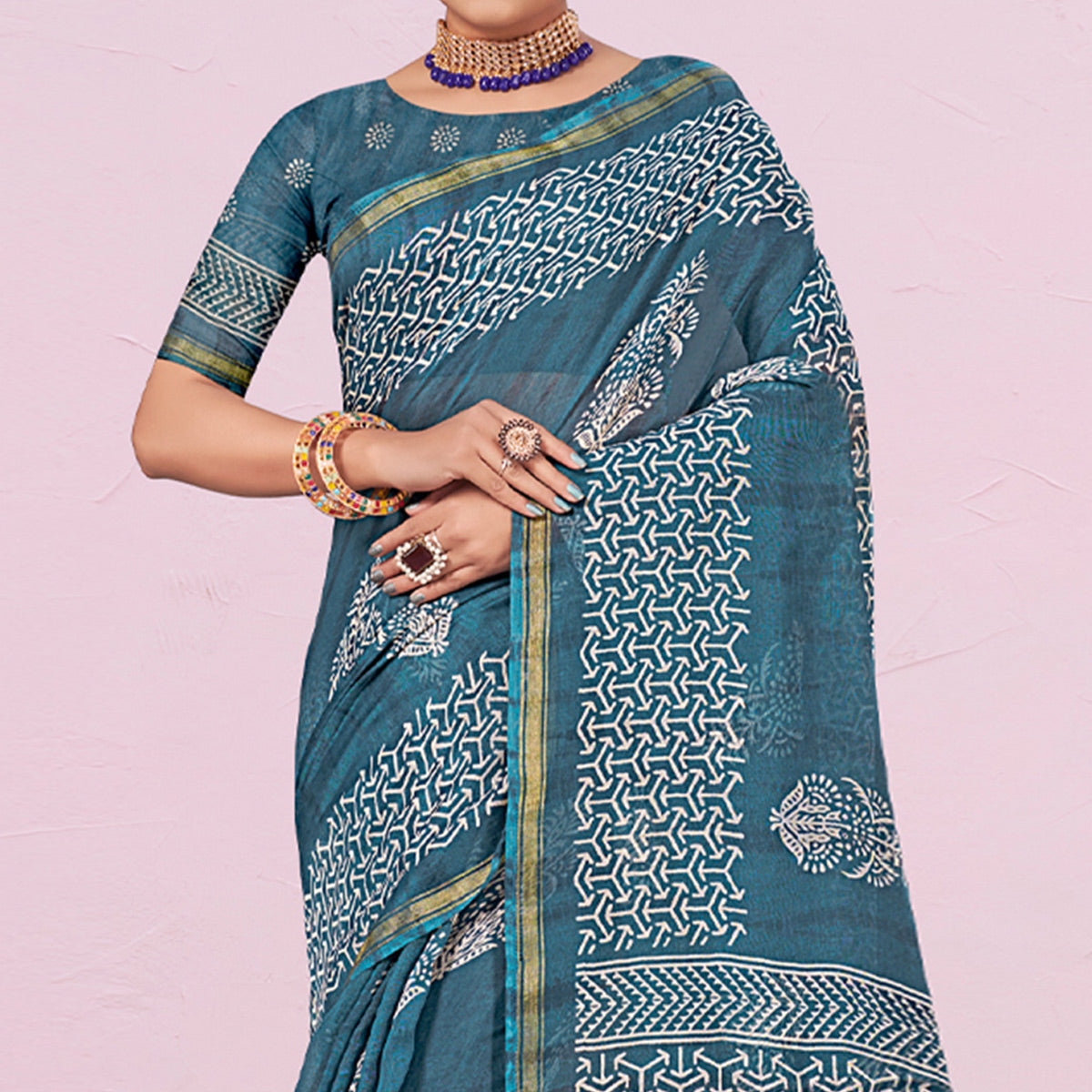 Sky Blue Printed Cotton Saree
