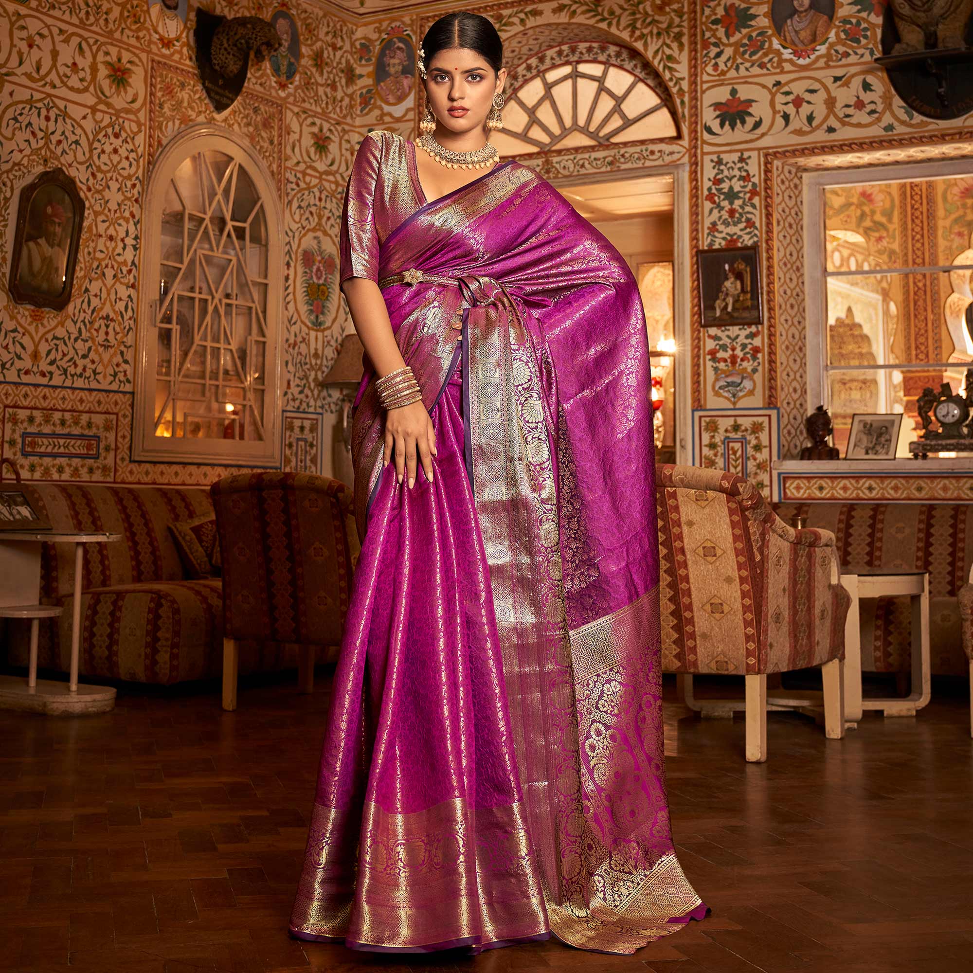 Sari Reng Magenta Pink Woven Kanjivaran Silk Saree